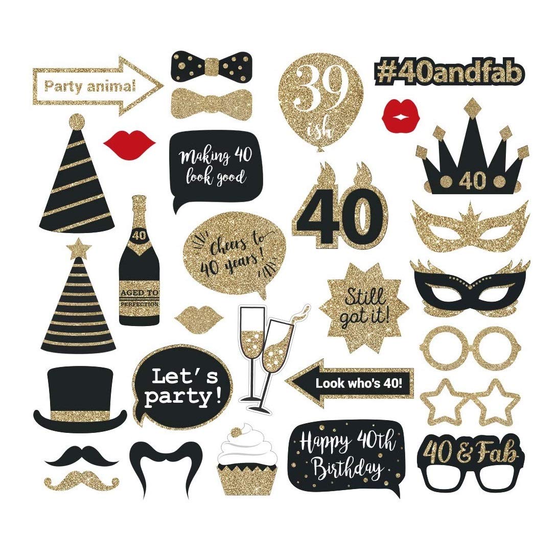 Festiko 30 Pcs 40th Birthday Photo Booth Props, 40th Birthday Decorations, 40th Birthday Party Supplies