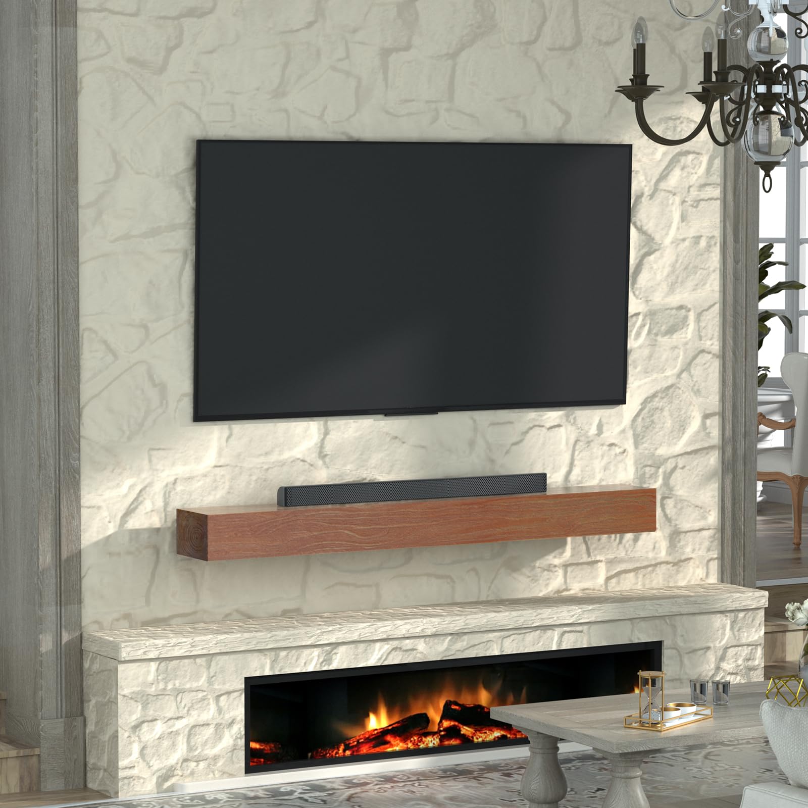Roomtec Fireplace Mantel,84'' Wood Floating Fireplace Shelves,Wall Mounted Wooden Display Shelving,Handcrafted Wood Brack,Natura