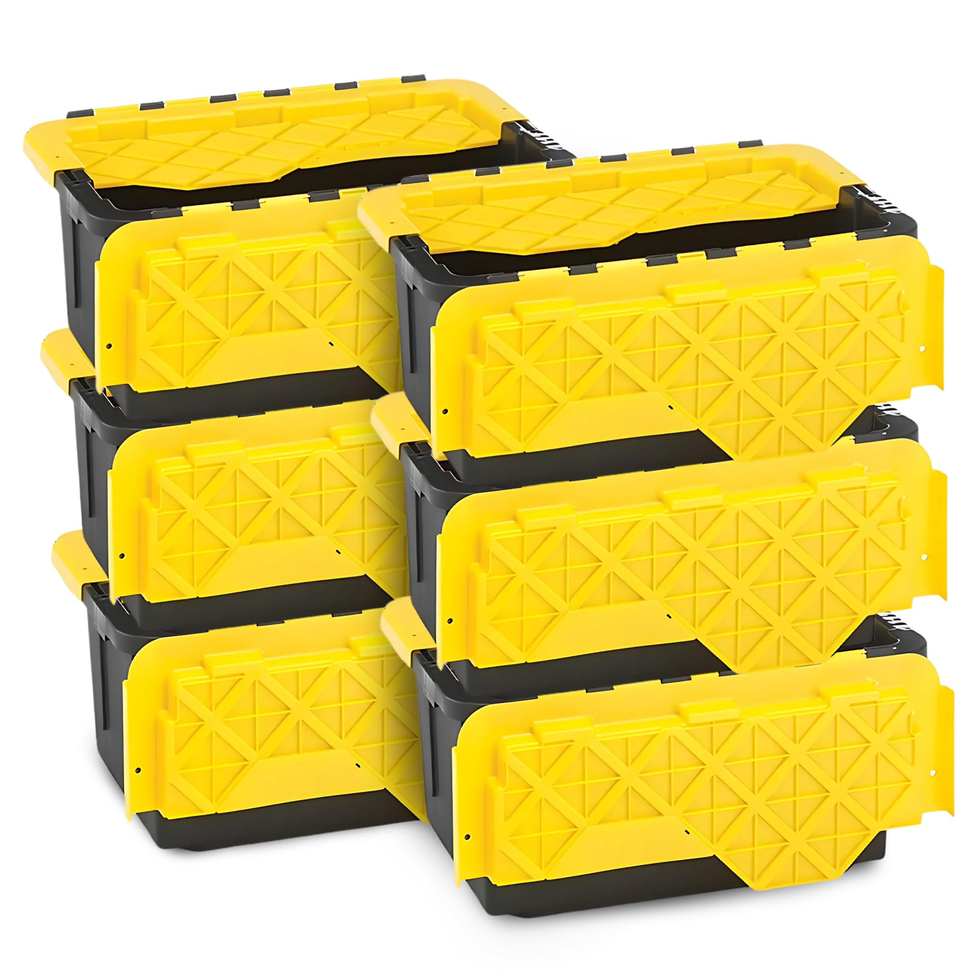 Homz 6-Pack Durabilt, Heavy Duty Plastic Storage Bins With Lids, 15 Gallon, Black/Yellow