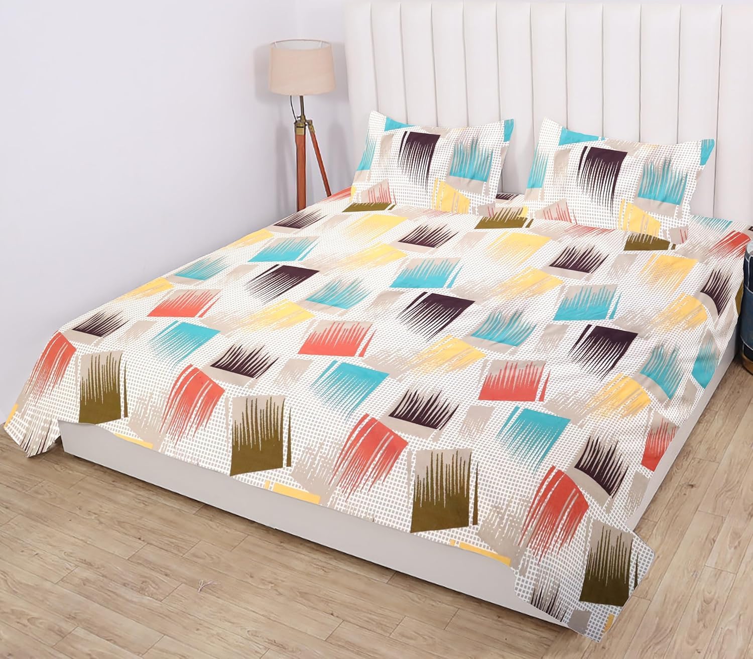 Tript Elastic Fitted Glace Cotton King Size (78X72 Inches Upto 6 Inches) Bedsheet For Kids With 2 Pillow Covers - 200Tc Multicol