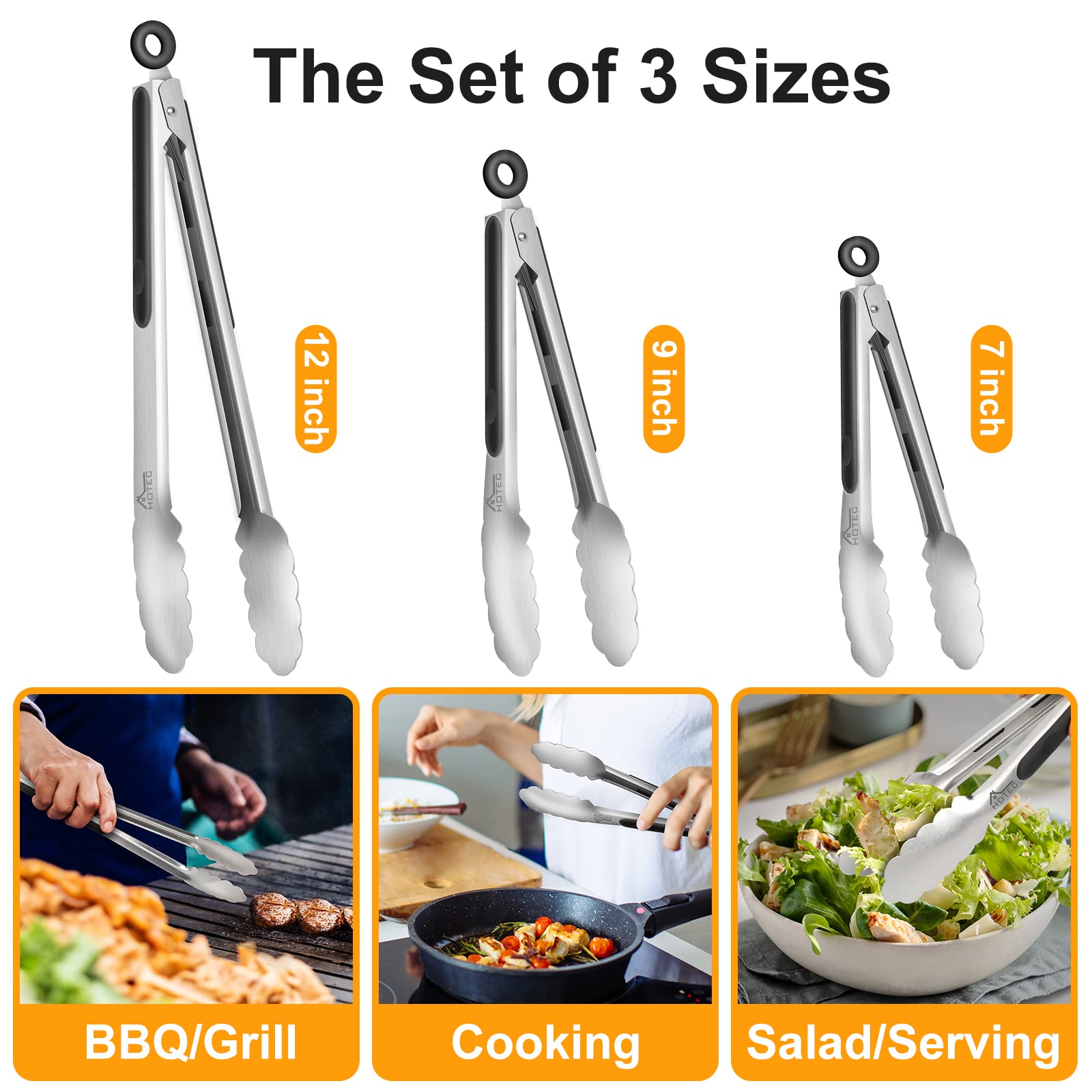 Hotec Stainless Steel Kitchen Tongs Set Of 3-7'', 9'' And 12'', Locking Metal Food Tongs Non-Slip Grip