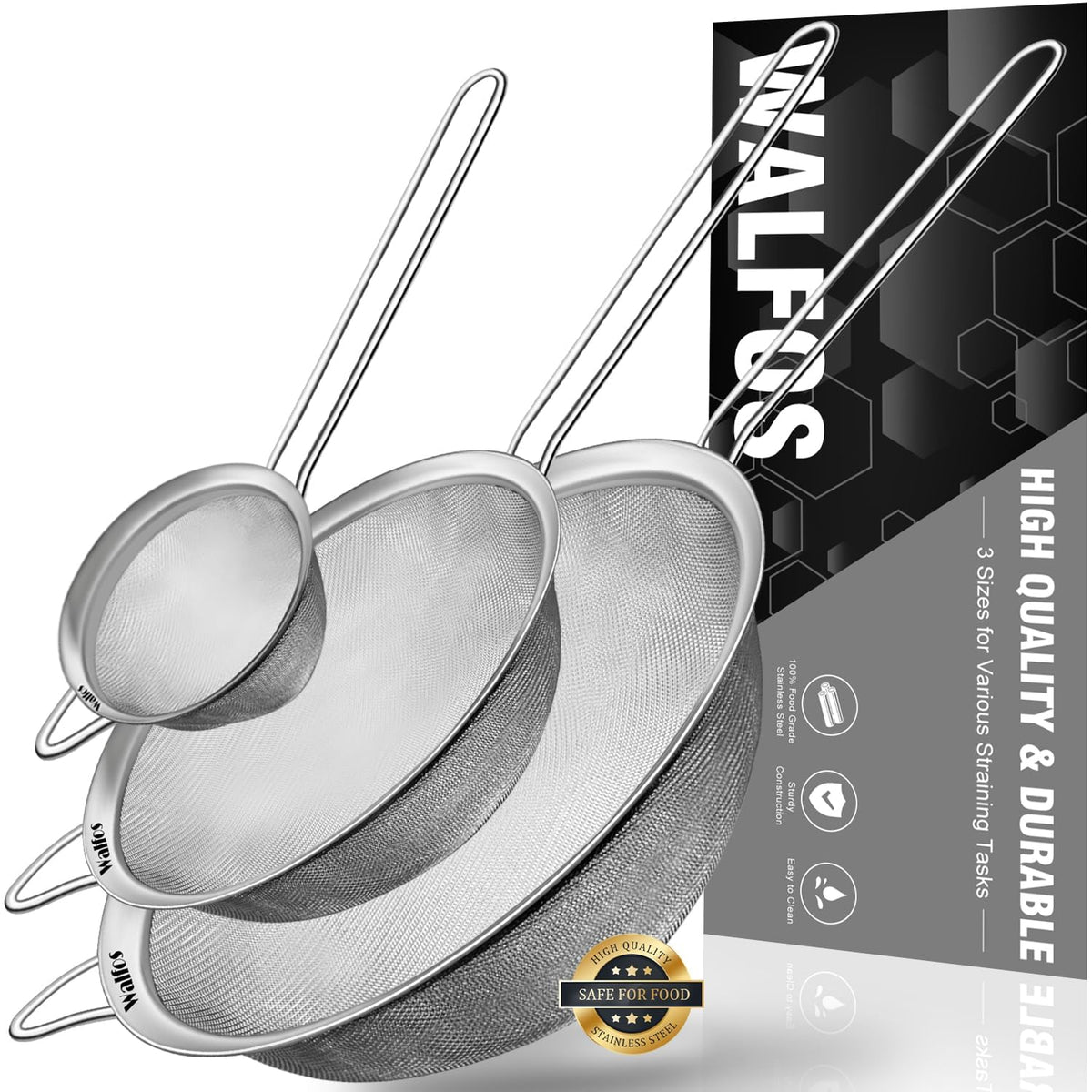 Walfos Fine Mesh Strainers Set, Premium Stainless Steel Colanders And Sifters, With Reinforced Frame Sturdy Handle, Perfect For