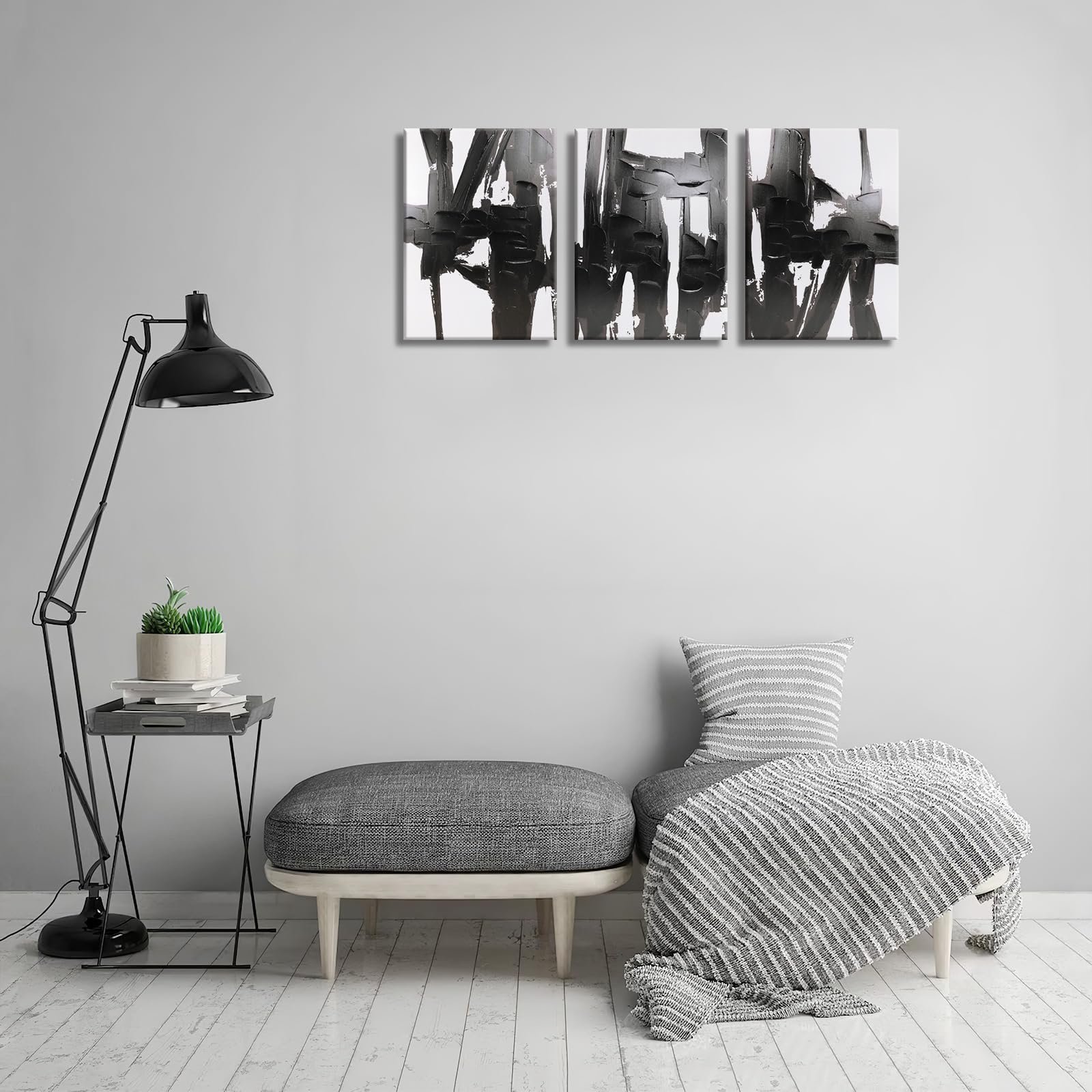 Pinetree Art 3 Panels Black And White Abstract Canvas Wall Art Prints 3D Textured Painting For Living Room (Small)