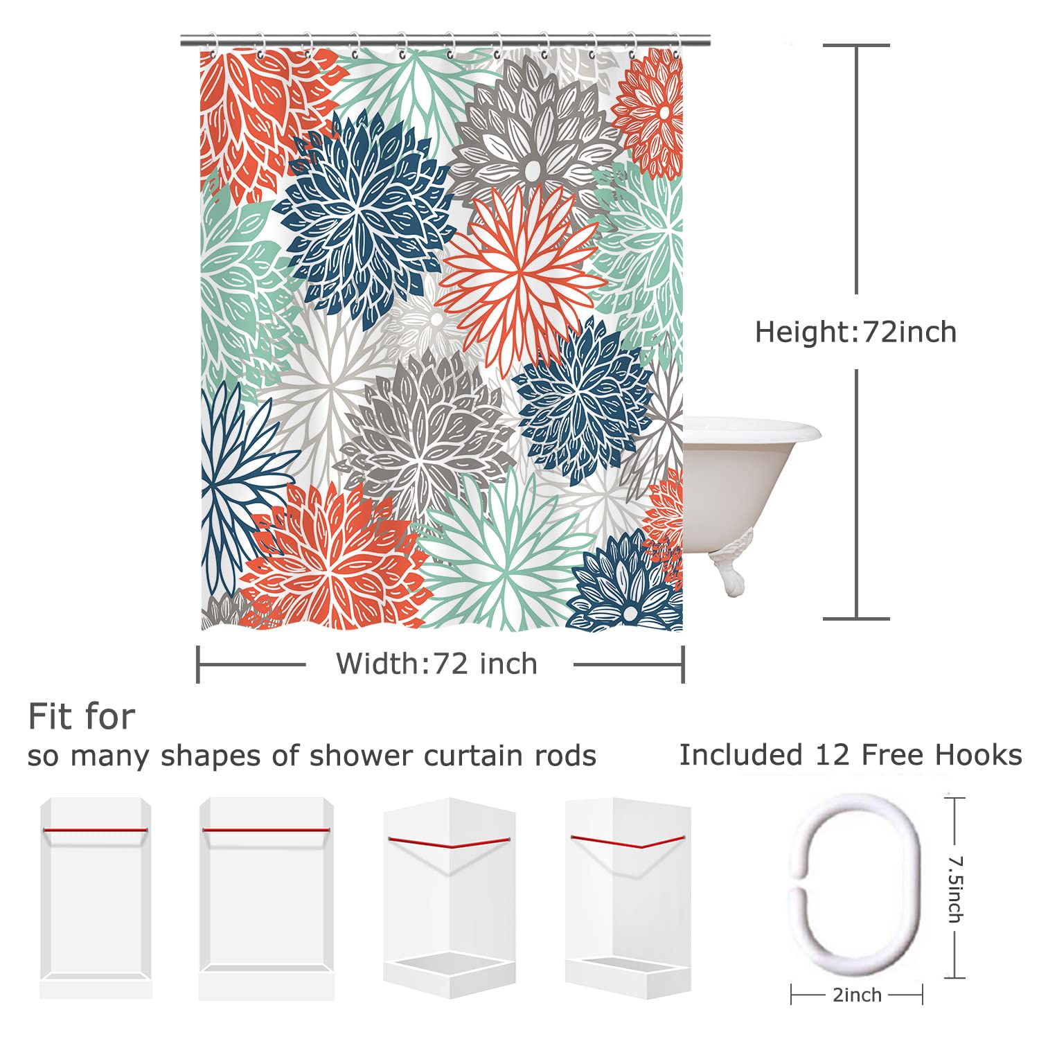 Rosielily Floral Shower Curtain Dahlia Shower Curtains Set With 12 Hooks Flower Shower Curtain Teal And Gray Blue Green Shower C