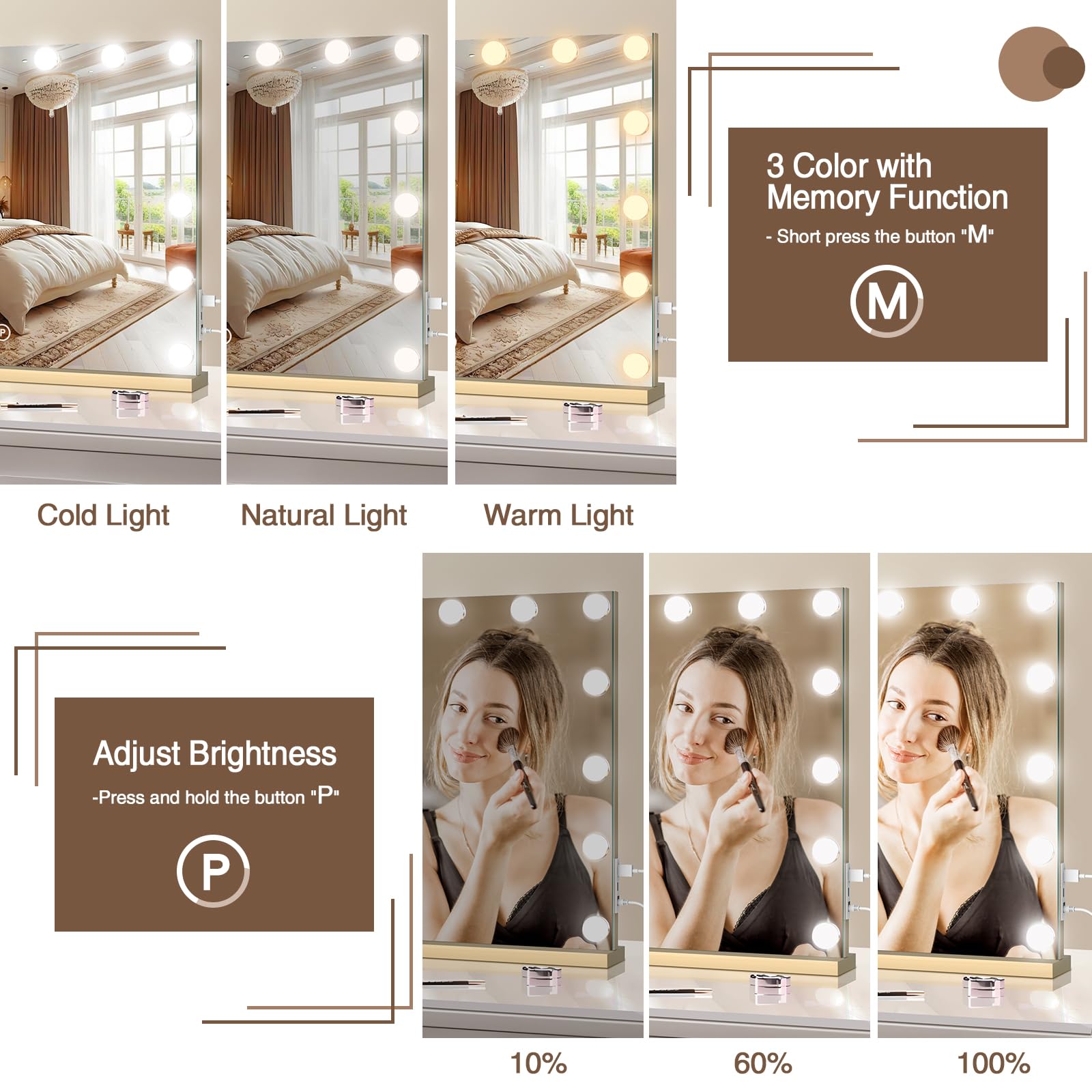 halumao Vanity Makeup Mirror with Lights, 22.8 x 19 Large Light Up Mirror with Smart Touch 3 Colors Dimmable Gold