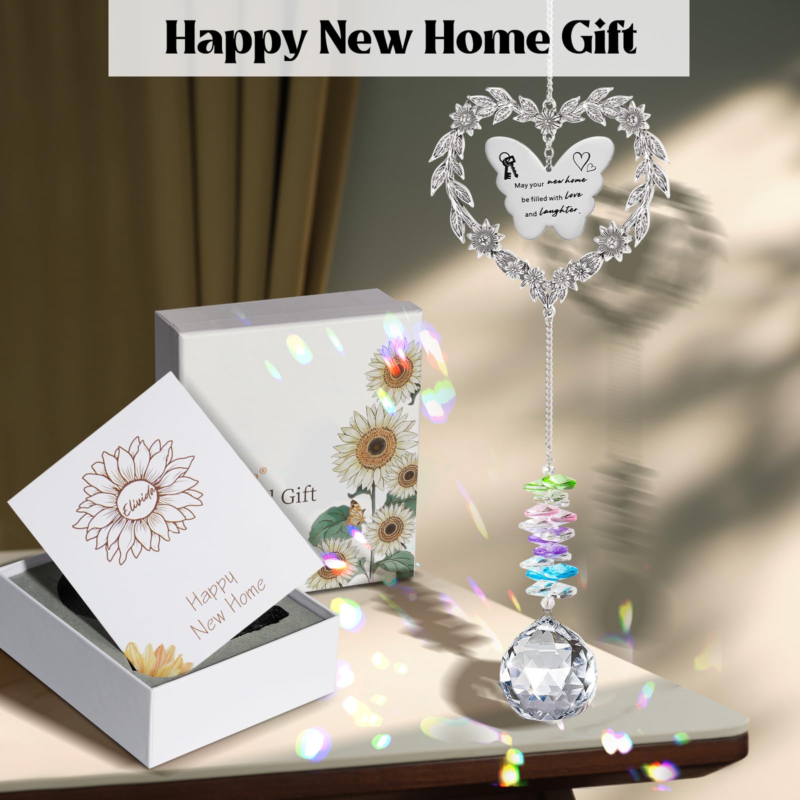 Elivida Housewarming Gift Sun Catcher, New Home Gift Heart-Shaped Wreath Hanging Ornament for Window, Happy New Home Rainbow Mak