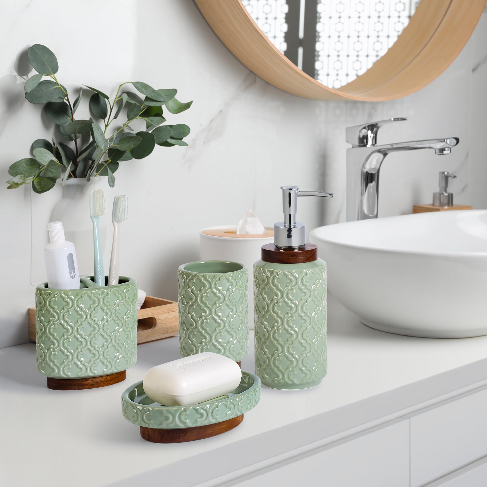 Rqyixi Bathroom Accessories Set 4 Pieces Toothbrush Holder Soap Dispenser Ceramic Green Bathroom Accessory Set Contain Toothbrus