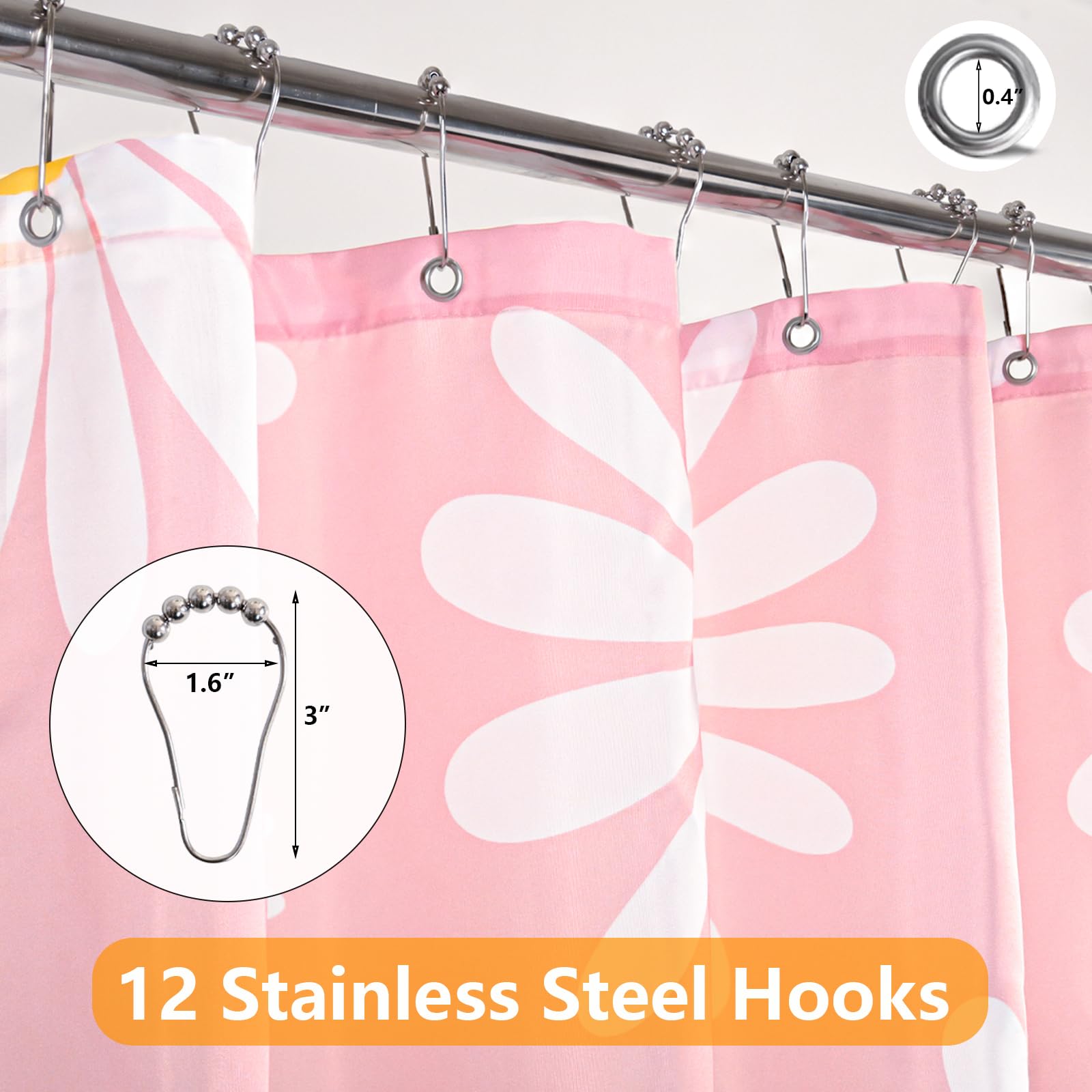 Qjhomo Pink Floral Shower Curtain Set Cute Daisy Girly Bathroom Curtain, Washable Waterproof Fabric Shower Curtains With 12 Hook