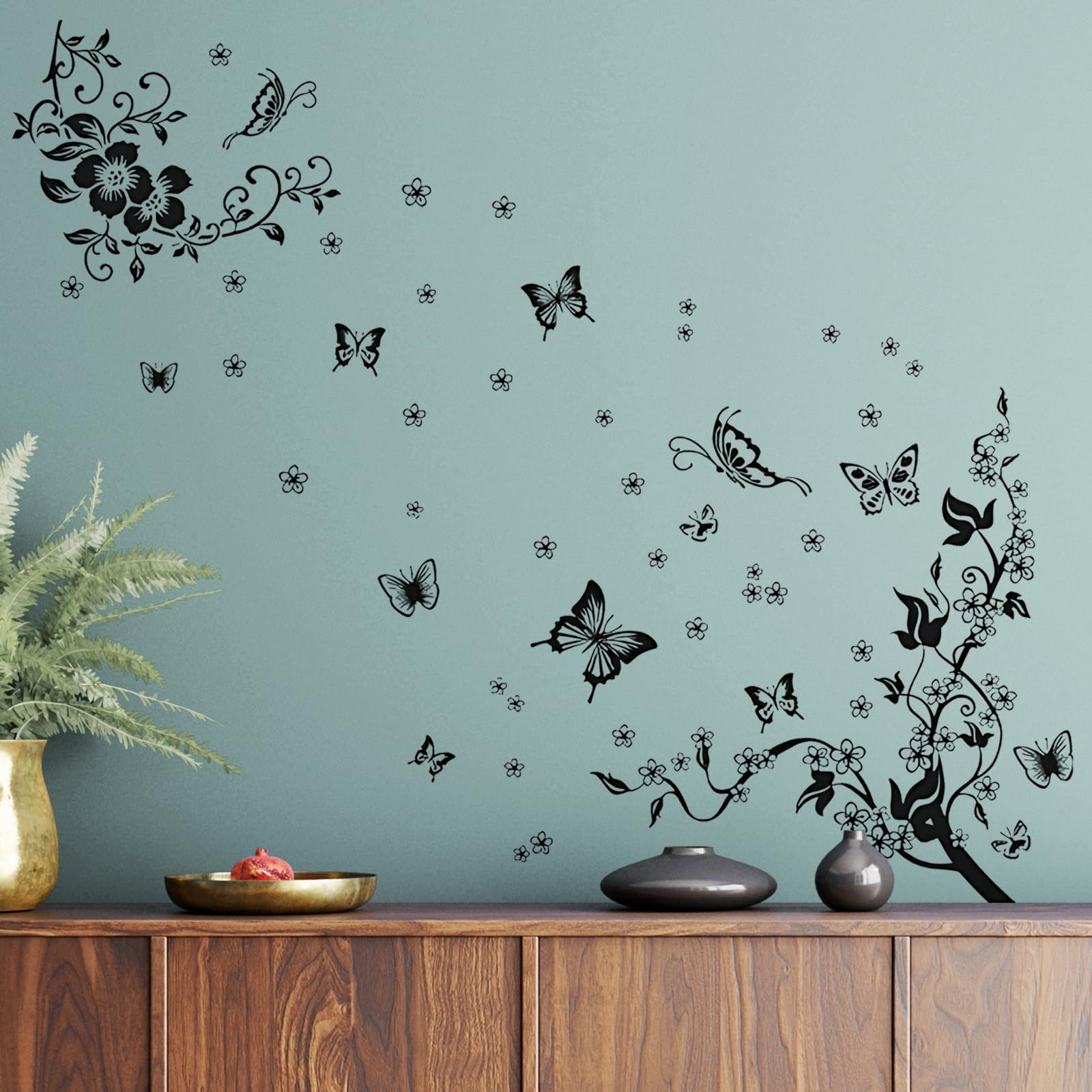 Supzone Flowers Vine Wall Decals Black Flowers Wall Stickers Butterfly Wall Decor Removable Vinyl Wall Art Stickers for Bedroom Living Room Office Sofa Backdrop TV Wall Home Decoration