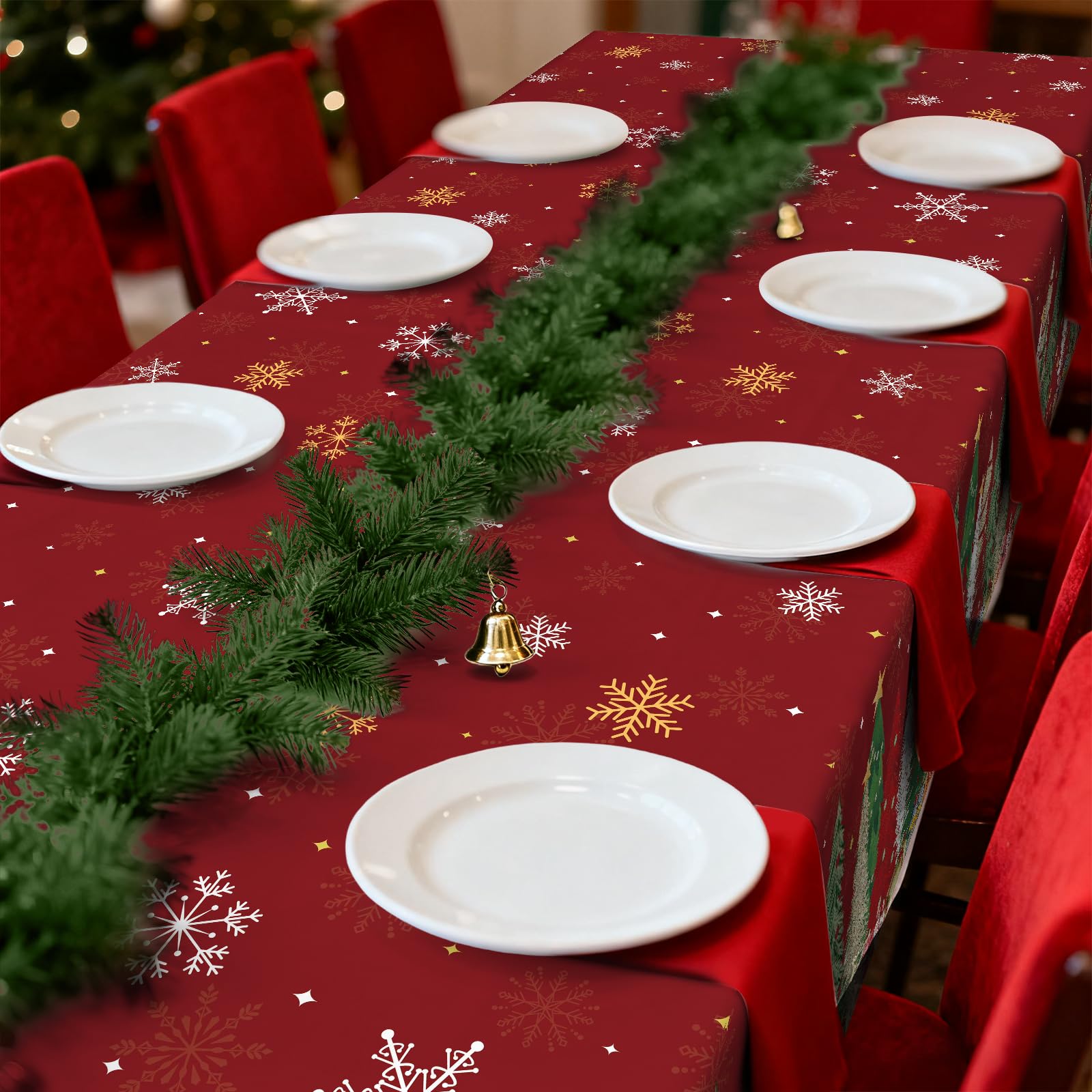 3-Piece 54 x 108 Inch Christmas Tree Plastic Tablecloth - Holiday Disposable Red and Green Table Cover for Christmas Dinners, Wi