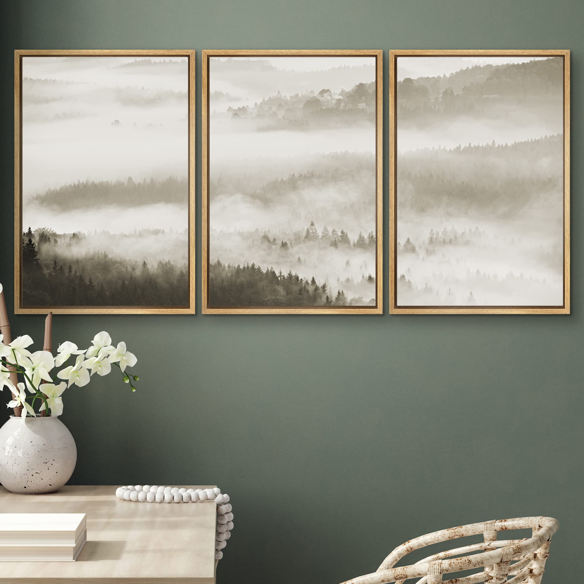 Signwin Framed Canvas Print Wall Art Woodland Nursery Decor Set Aerial View Black White Misty Mountain Nature Modern Art Rustic