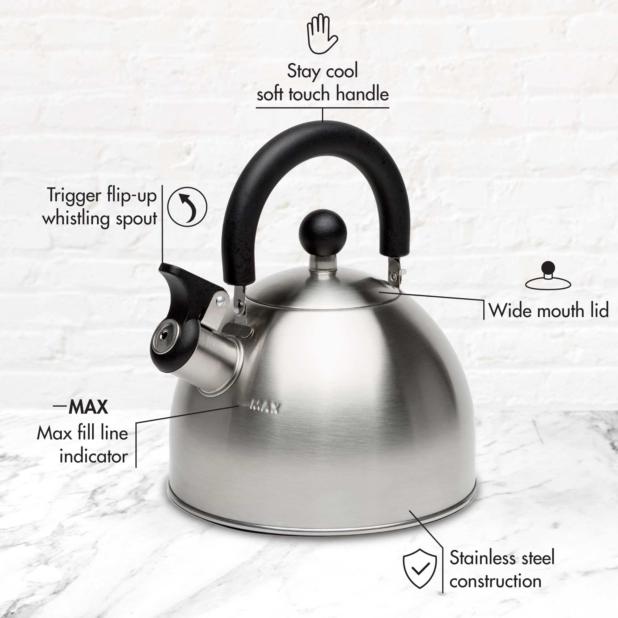 Primula Stewart Whistling Stovetop Tea Kettle Food Grade Stainless Steel, Hot Water Fast To Boil, Cool Touch Folding, 1.5-Quart,