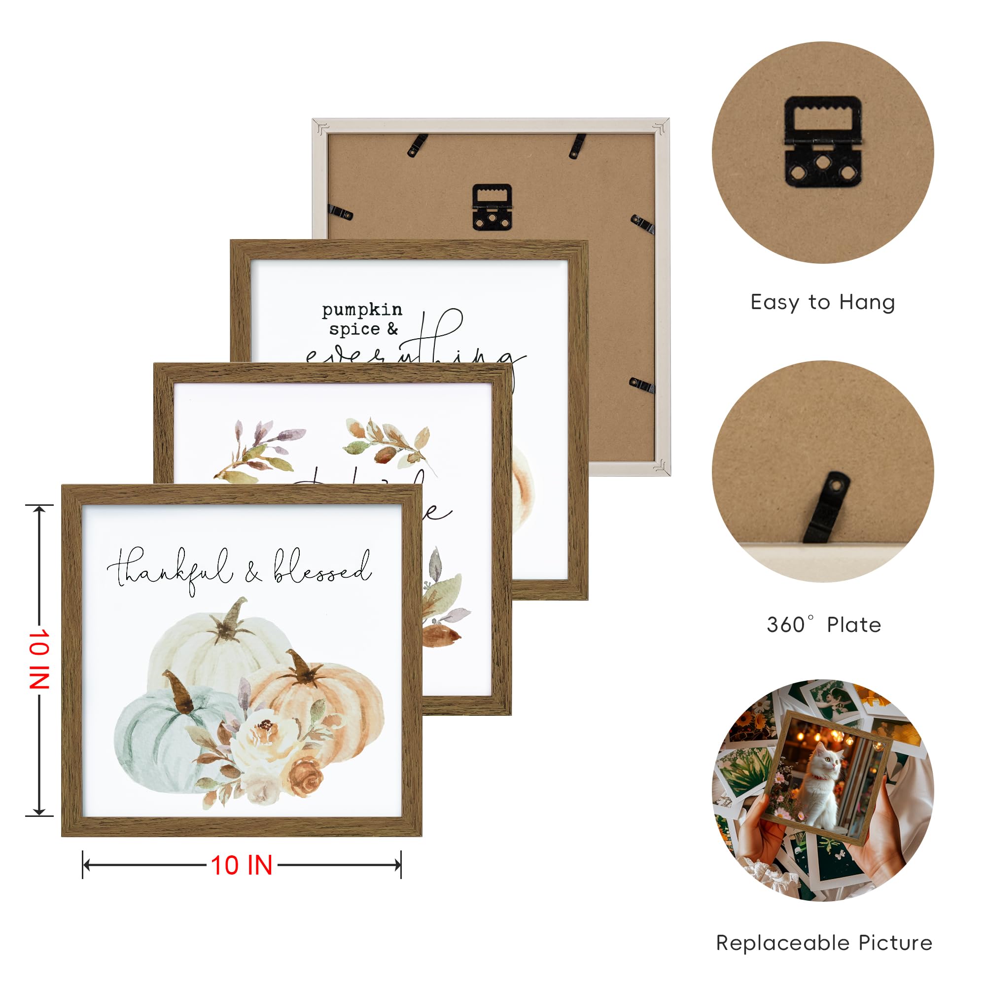 ArtbyHannah Fall Wall Art Decor for Indoor Decorations Framed with Autumn Harvest Thanksgiving Pumpkin Prints  Extra Halloween Prints Decorations for Home  4 Pack 10x10 Inch Walnut Frame