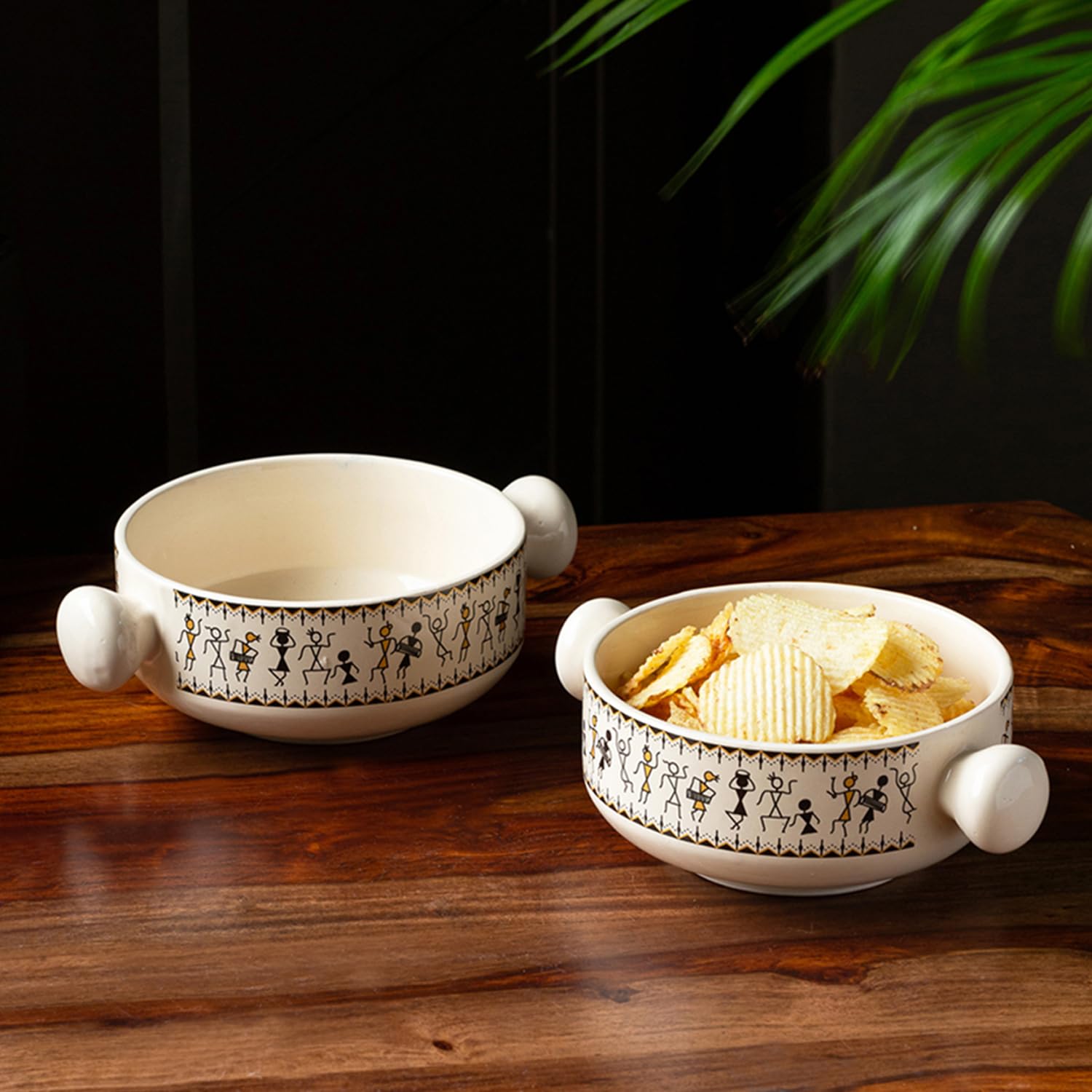 Exclusivelane 'Warli Village Tales' Ceramic Serving Bowls With Wooden Tray (Set Of 2, 400 Ml, Beige)|Hand-Painted Bowls For Kitc