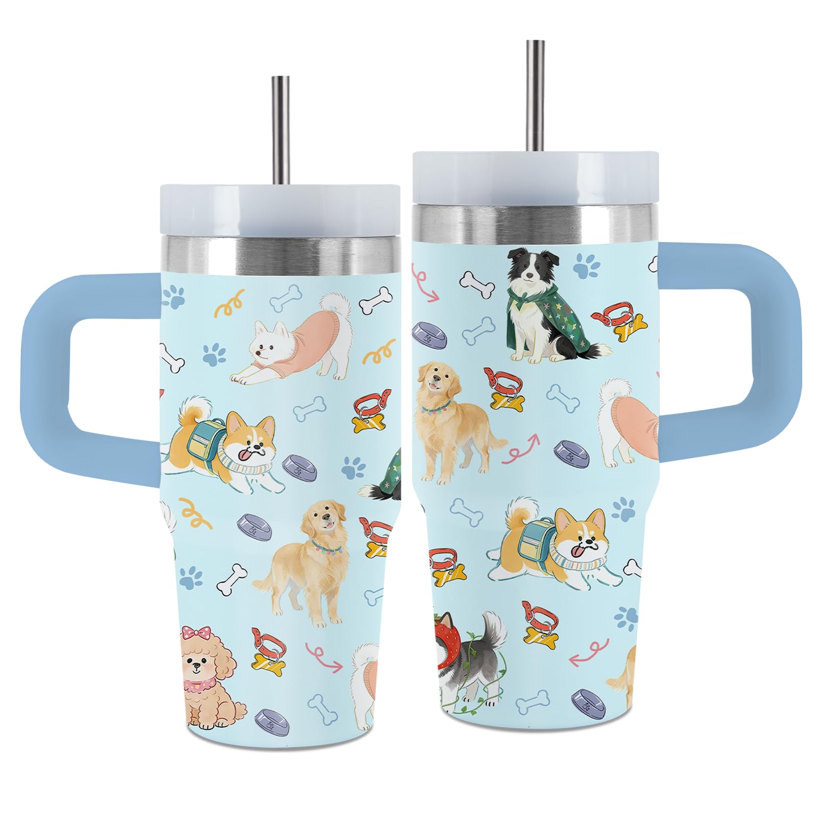 Uibunoo Dog 14 oz Tumbler, with Handle Straw, Stainless Steel Coffee Cup