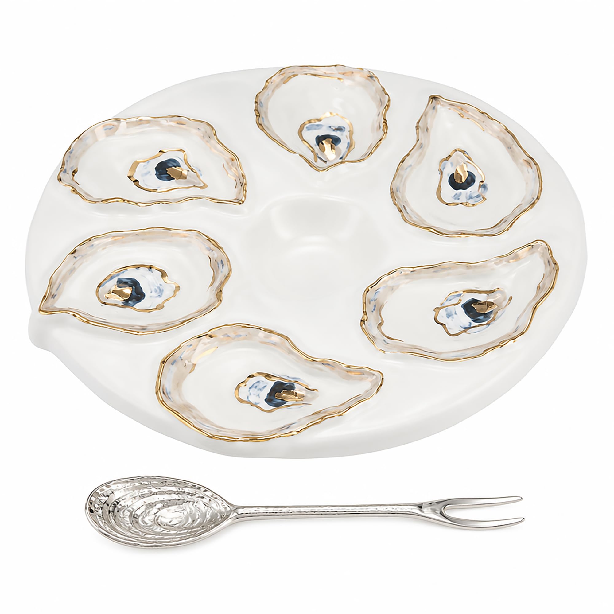 Mud Pie Oyster Server Set; server 10 1/2 dia | spoon 5 1/2