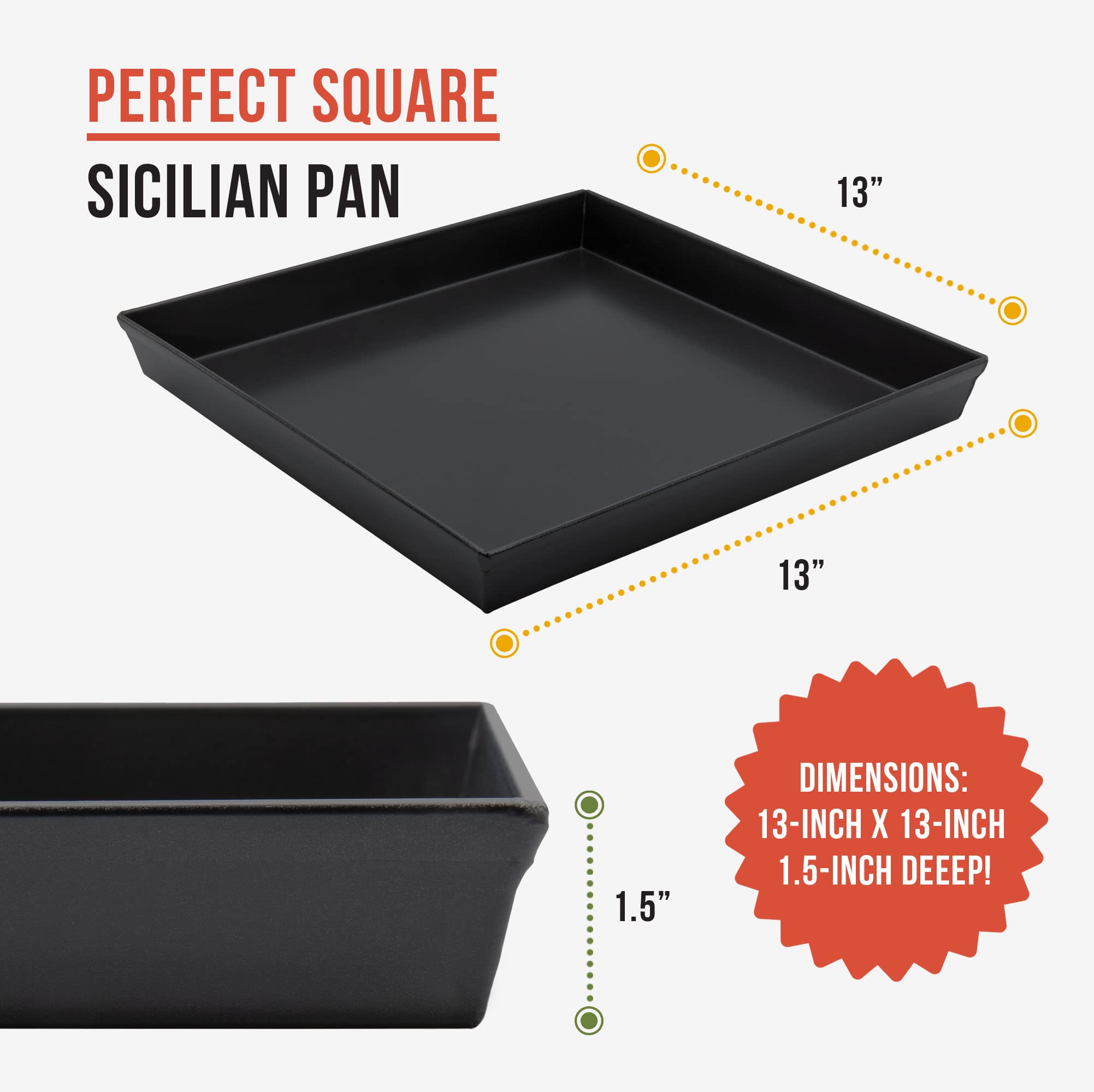 Chef Pomodoro Sicilian Deep Dish Square Pizza Pan, 13.2 X 13.2 X 1.5 Inch, Non-Stick Aluminum, Focaccia Crust, Dough Pre-Seasone