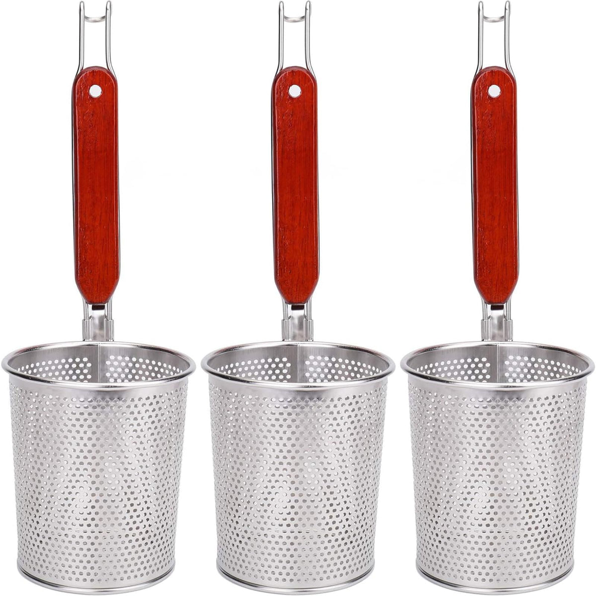 Lawei 3 Packs Mesh Pasta Basket With Wooden Handle Stainless Steel Mesh Spider Strainer For Pasta, Noodles, Dumpling