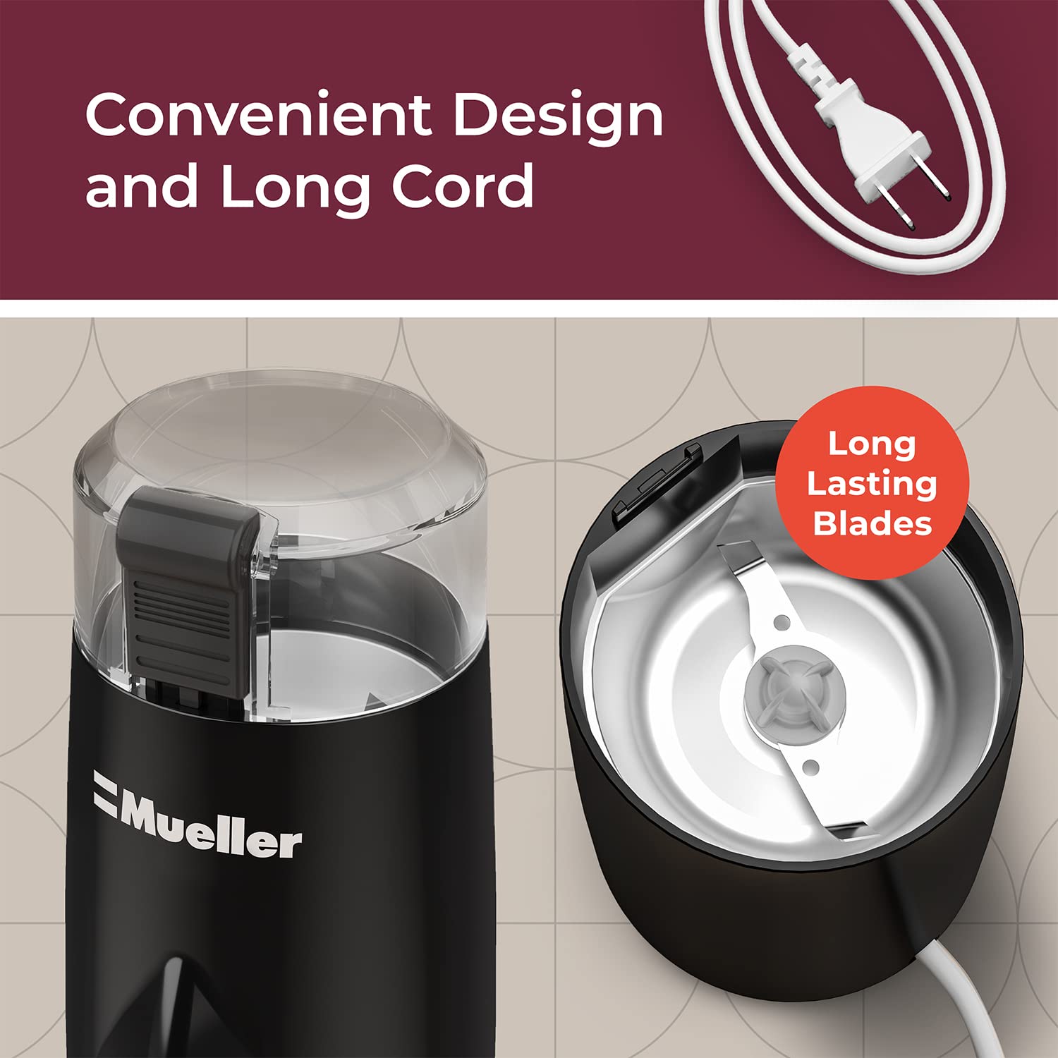 Mueller HyperGrind Electric Spice/Coffee Grinder, 2.1 oz, Stainless Steel, Powerful Motor, Black, Model MLR010555N