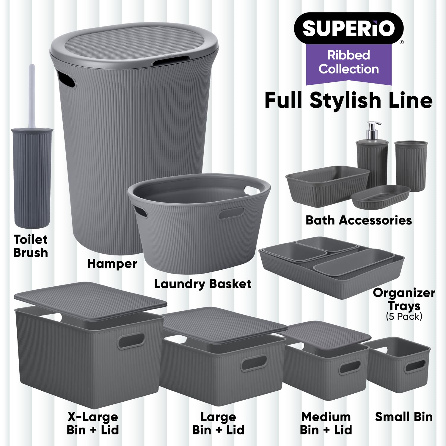 Superio Ribbed Collection - Decorative Plastic Open Home Storage Bins Organizer Baskets, Large Grey (1 Pack) Container Boxes For