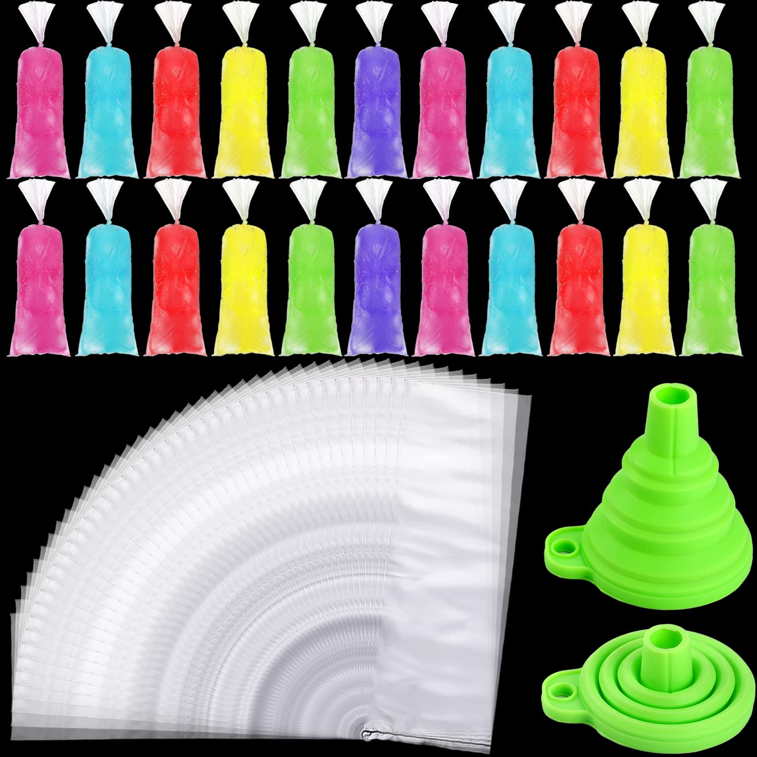 Boao Ice Lolly Bags Disposable Ice Lolly Mold Bags Plastic Ice Candy Bags With Silicone Funnel For Making Ice Yogurt Candy(3 X 1
