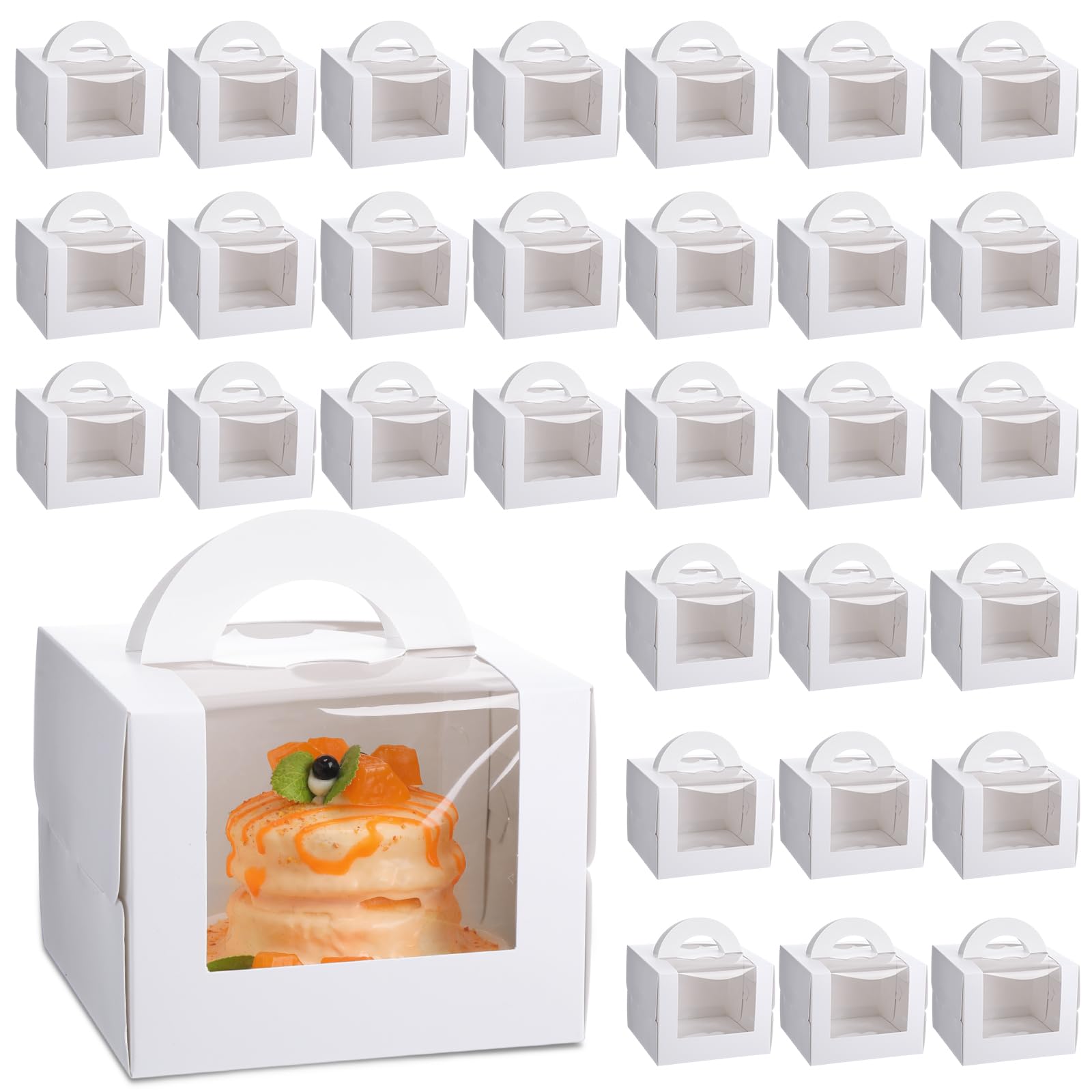 LOYIM 32 Pcs Bento Cake Boxes 6 x 6 x 5 Inch Paper Bakery Box with Board Window and Handle Cupcake Holder Carrier Gift Container