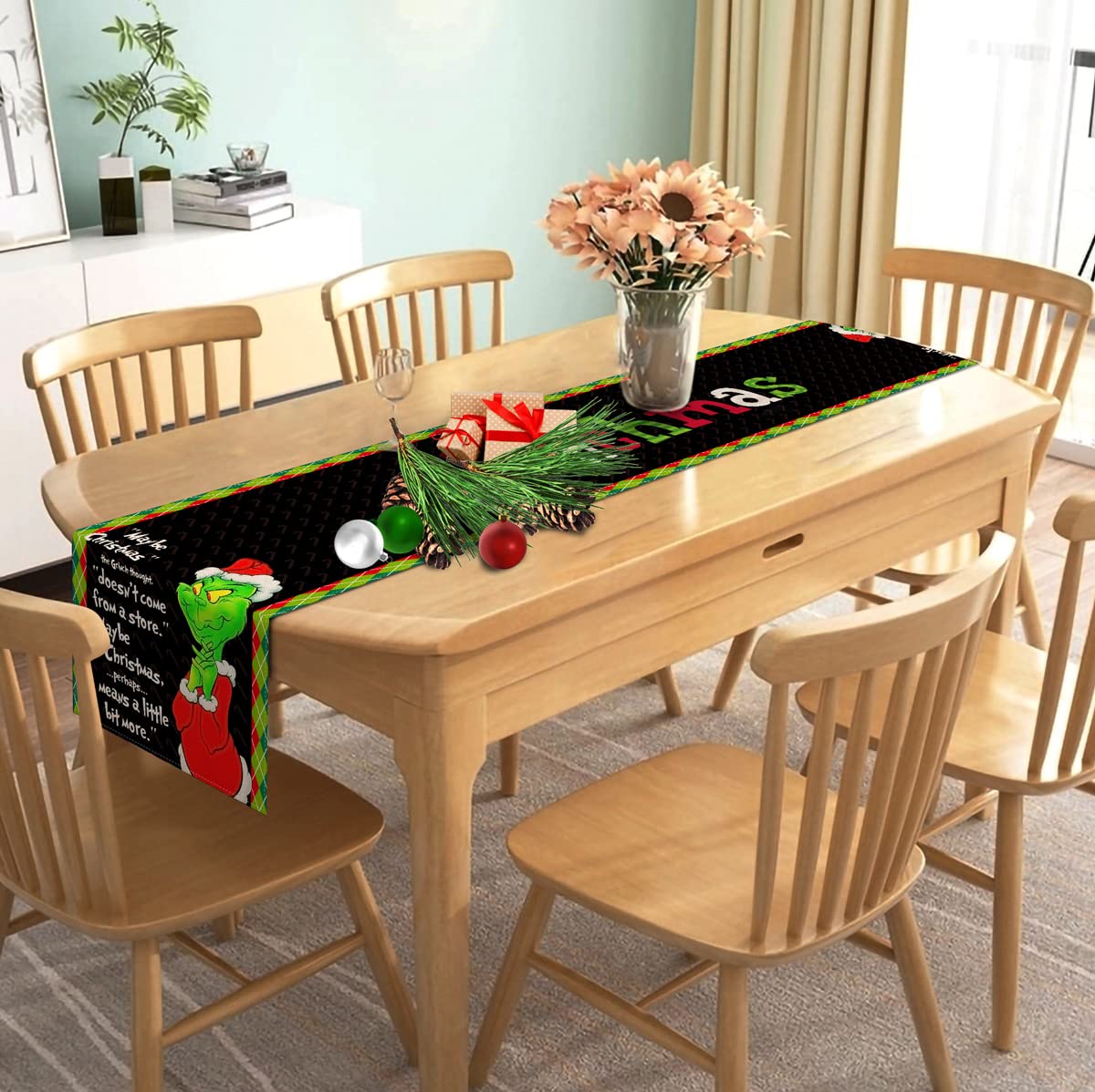 Nepnuser Merry Christmas Table Runner Green Elf Winter Holiday Party Decor Xmas Home Kitchen Dining Room Indoor Decoration (Blac