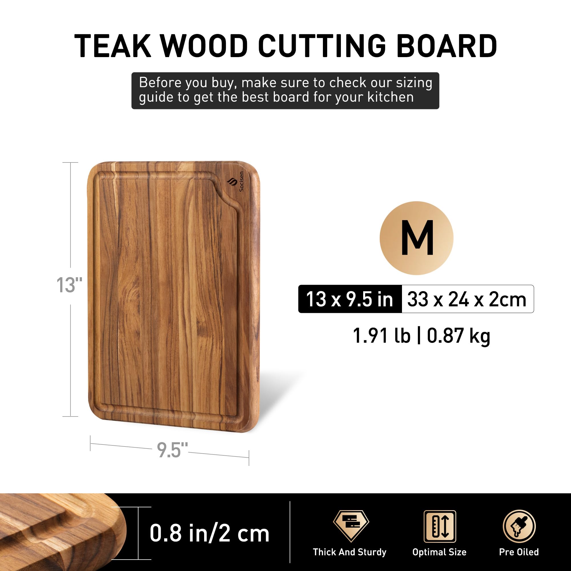 Teak Wood Cutting Board for Kitchen 13inch Charcuterie Board Serving Heavy Duty Non Toxic Slip Over Sink Solid Thick Haus Wooden