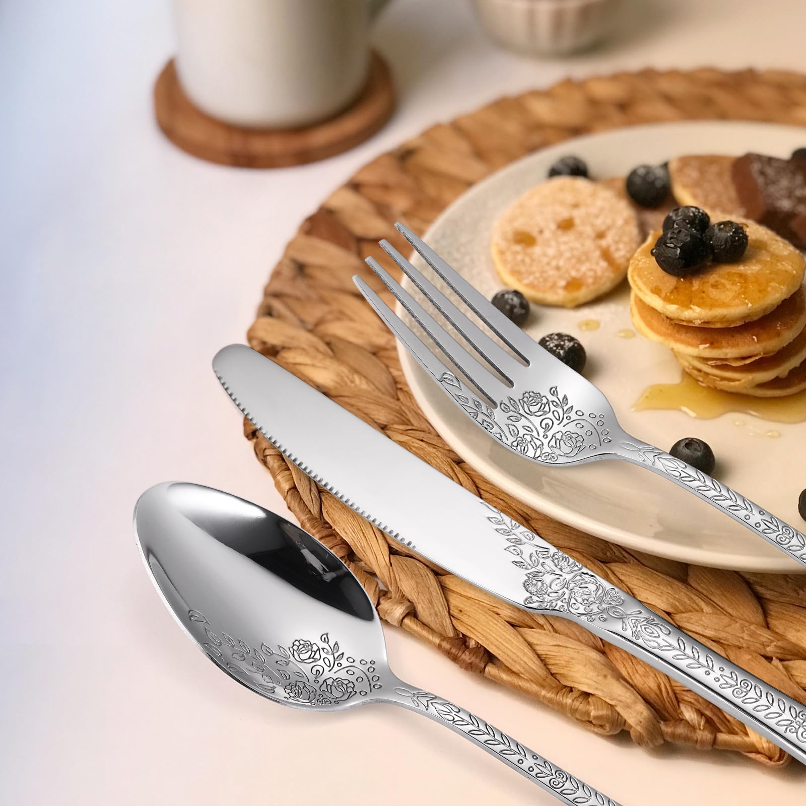 A · HOUSEWARE Floral Silverware Set, 30-Piece Stainless Steel Cutlery, Silver, Engraved Rose Design for Home & Restaurant Use