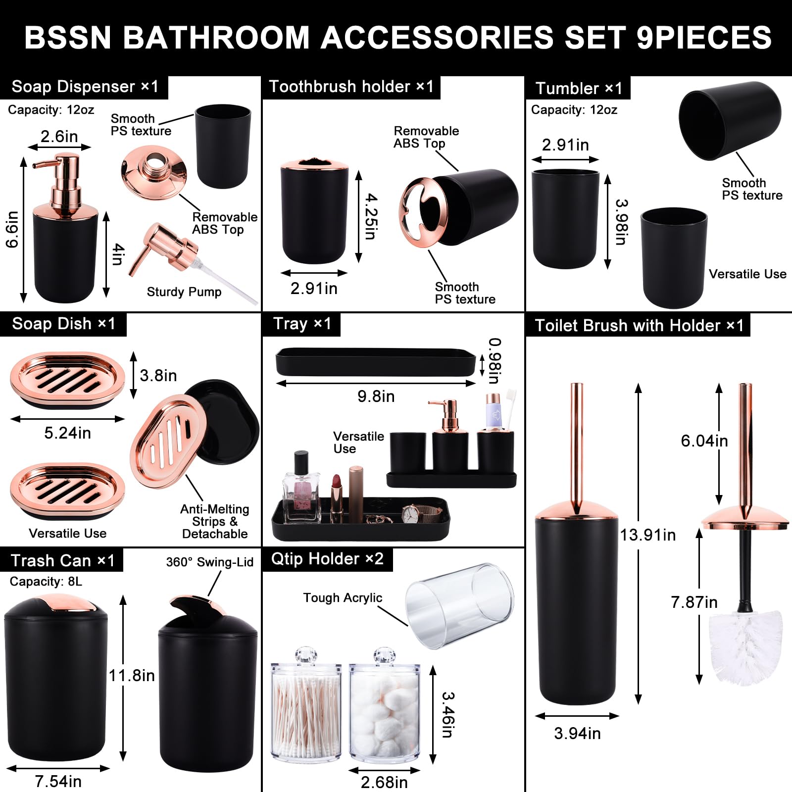 9Pcs Black Bathroom Accessories Set - Trash Can, Soap Dispenser Set, Soap Dish, Toilet Brush With Holder, Toothbrush Holder, Tum