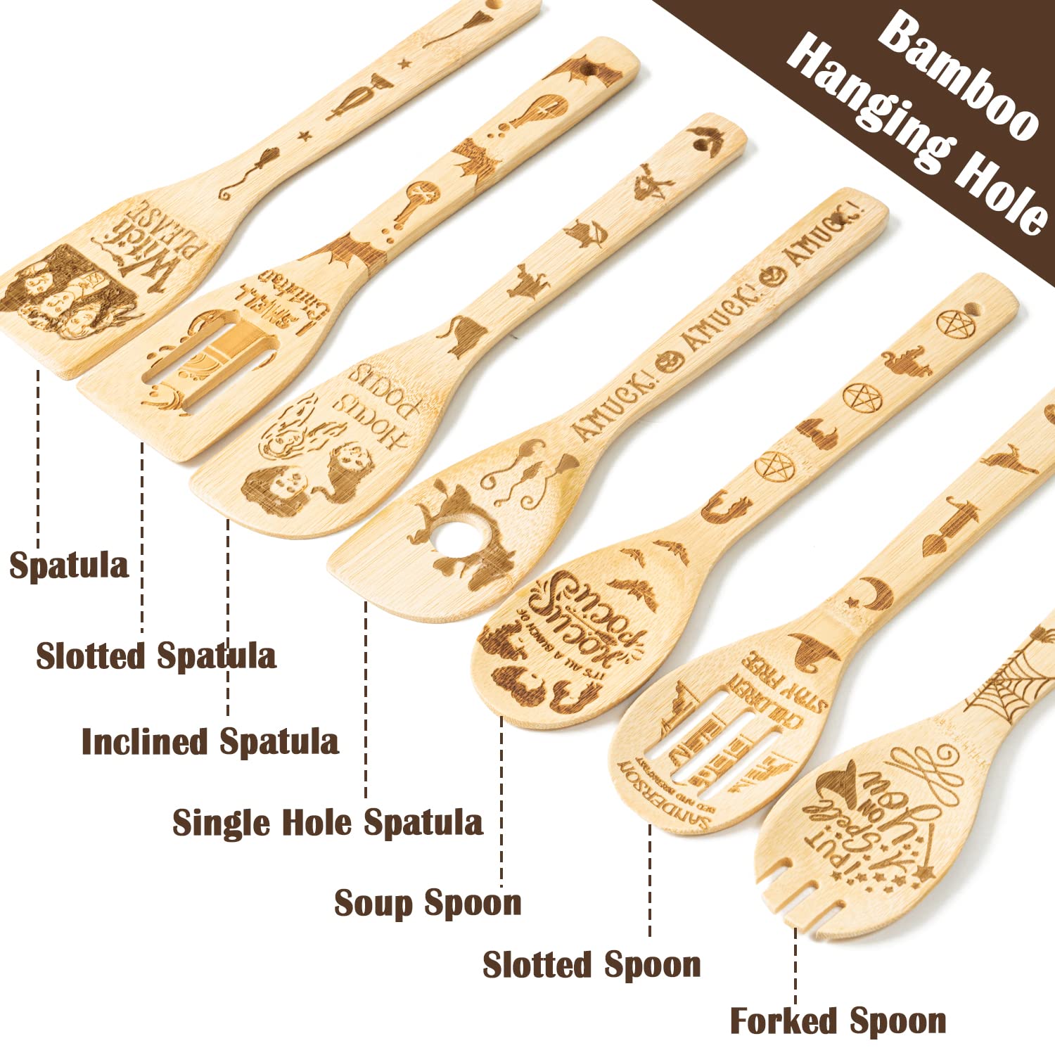 Eartim Halloween Wooden Cooking Utensil Set - 7Pcs Hocus Pocus Kitchen Cooking Gadget Natural Carve Bamboo Spoon Slotted Spatula