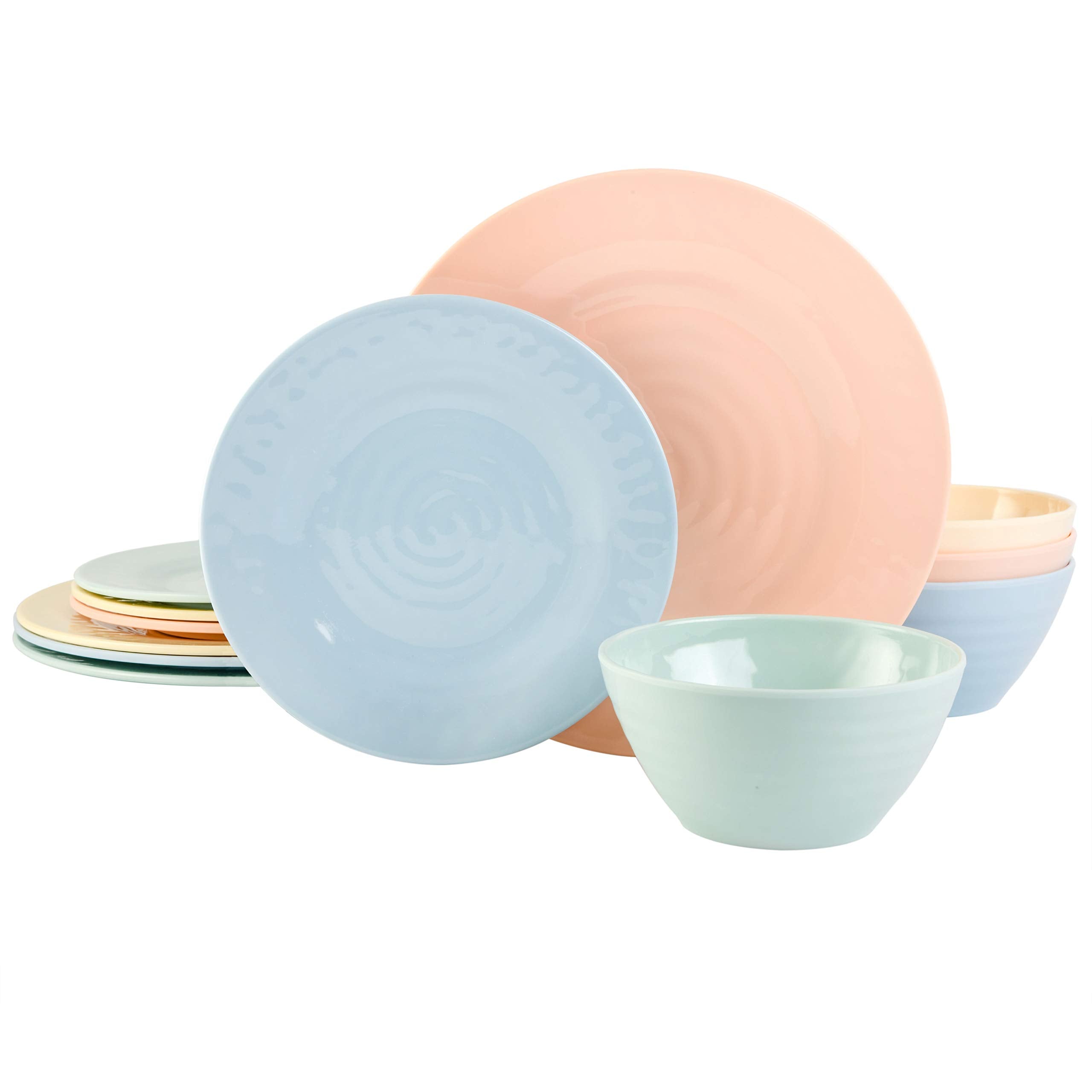 Gibson Home Brist Melamine Plastic Dinnerware Set, Service For Four (12Pcs), Pastels
