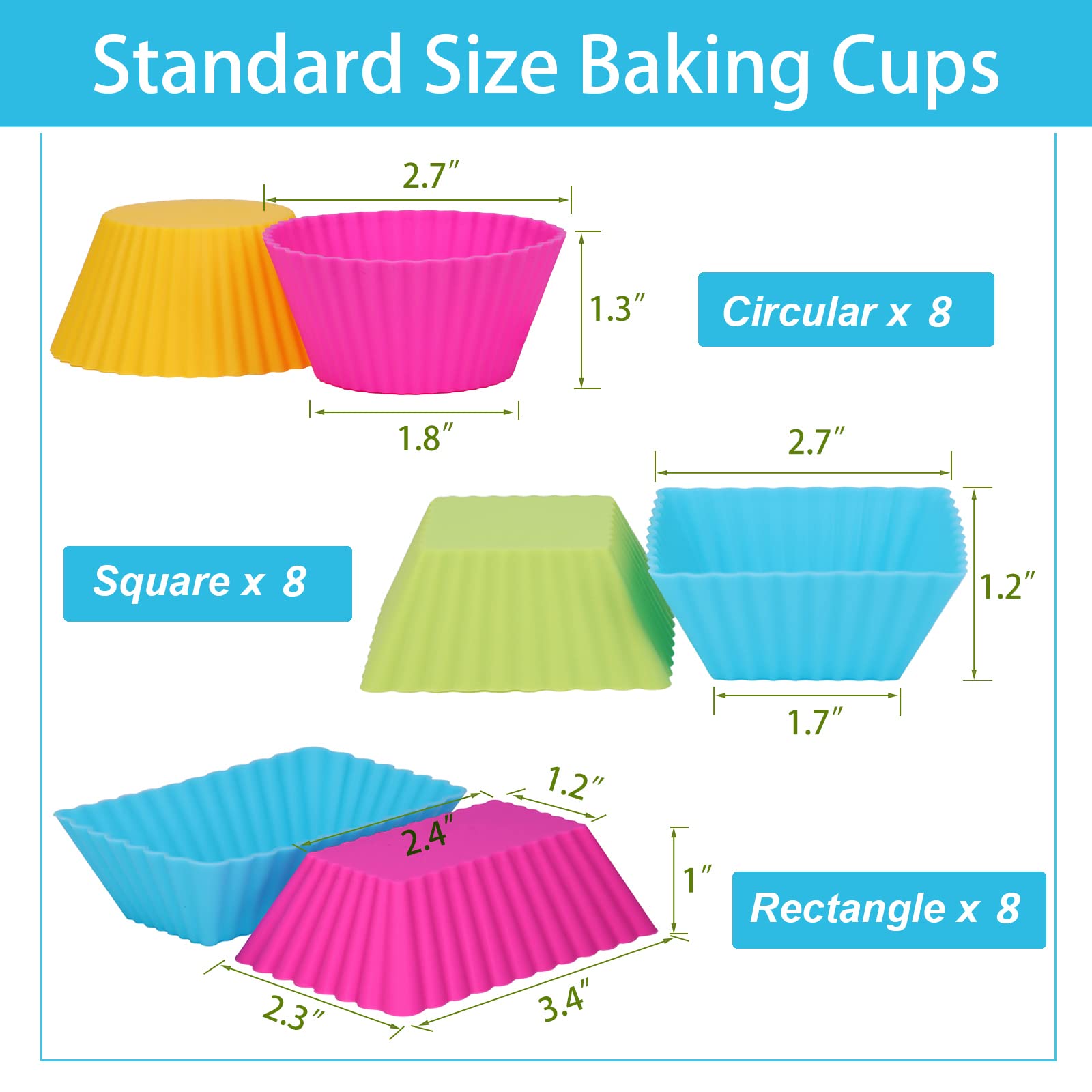 Sawnzc Silicone Cupcake Liners, 24Pack Reusable Baking Cups Muffin Liners Pastry Cake Molds, 3 Shapes Lunch Box Bento Dividers-R