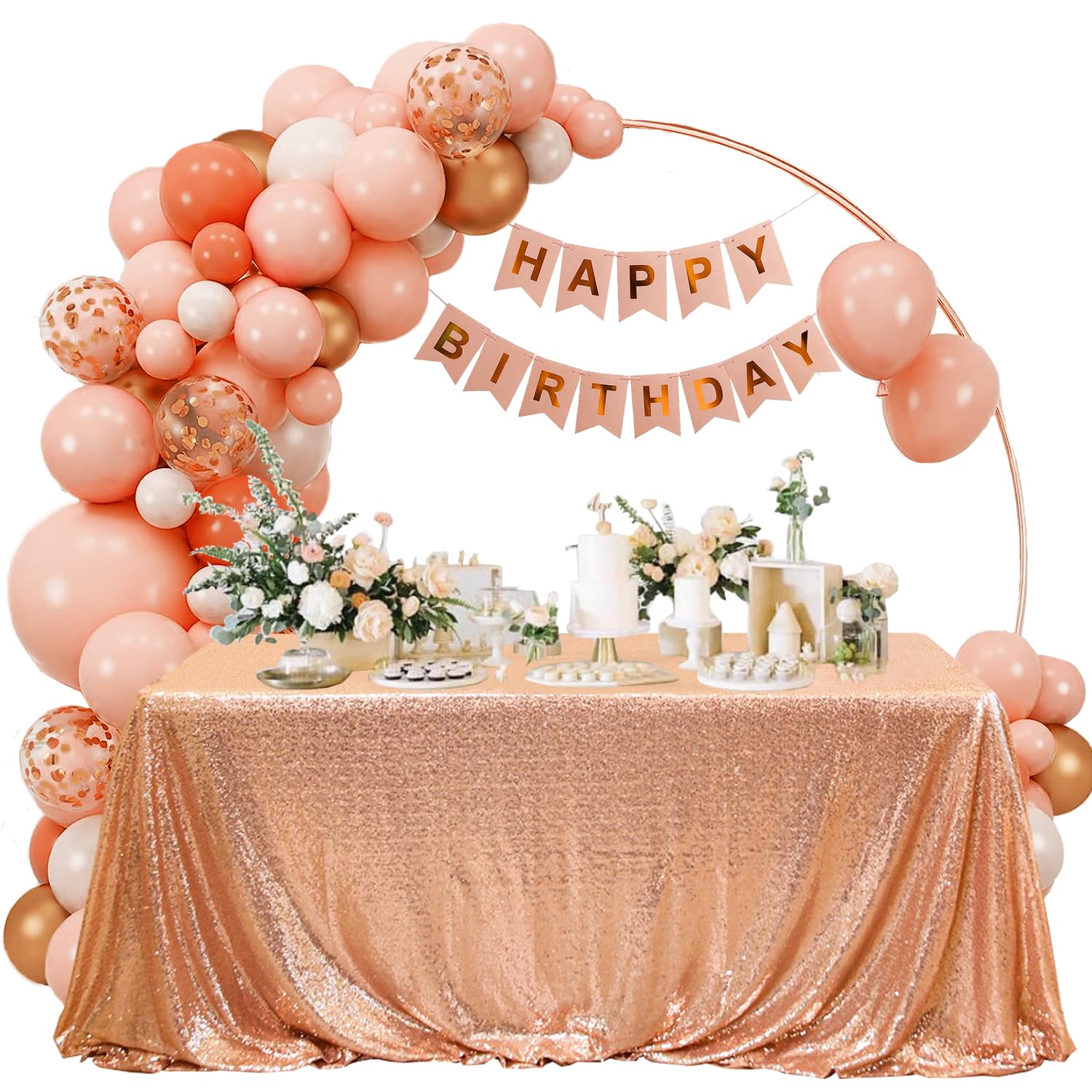 Rose Gold Rectangle Sequin Table Cloths 50X80 Inch For Parties, Glitter Shiny Overlay Cover Fitted 4 Ft Food Dessert Cake Tables