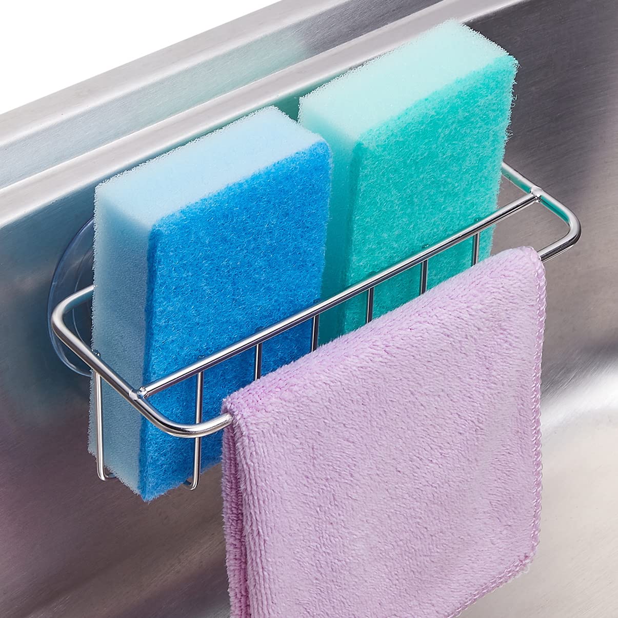 Sink Caddy Sponge Holder For Kitchen Sink Dish Cloth Hanger 2 Suspension Options(Suction Cups And Adhesive Hook), Sus304 Stainle
