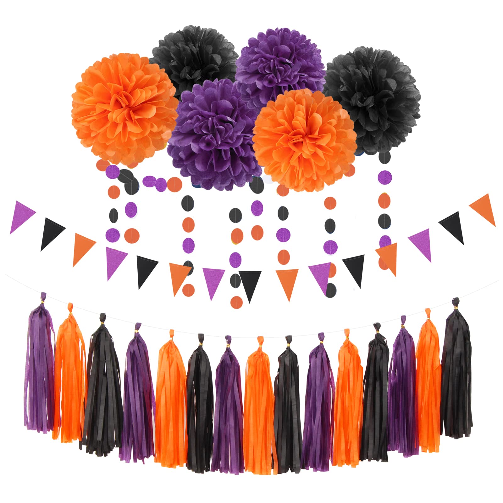Black Purple Orange Halloween Party-Decorations - 23Pcs Tissue Pom Poms Streamers,Tassel Garland Banner,Graduation 2023 Birthday
