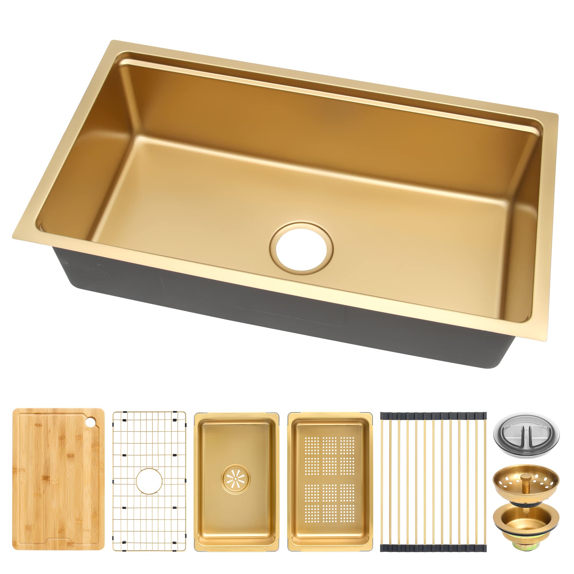 Milosen Gold Undermount Kitchen Sink 32  18 Inch, Stainless Steel Workstation Kitchen Sink, Single Bowl Kitchen Sinks With Kitch