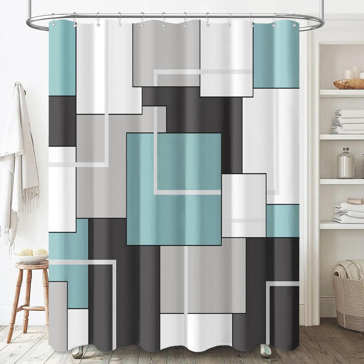 Bttn Teal Fabric Shower Curtain, Modern Geometric Neutral Cloth Shower Curtain Set With Hook, Weighted Hem, Water Repellent, Whi