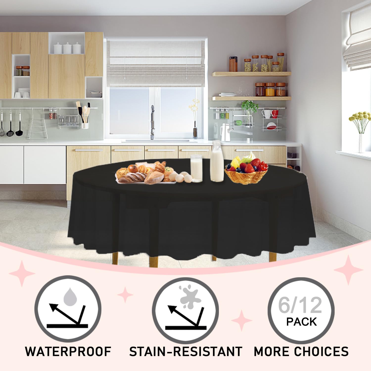 D&Z 12 Pack Black Plastic Tablecloth Table Cloth 84'' Round Disposable Table Cover For Party Birthday Wedding Halloween Thanksgi