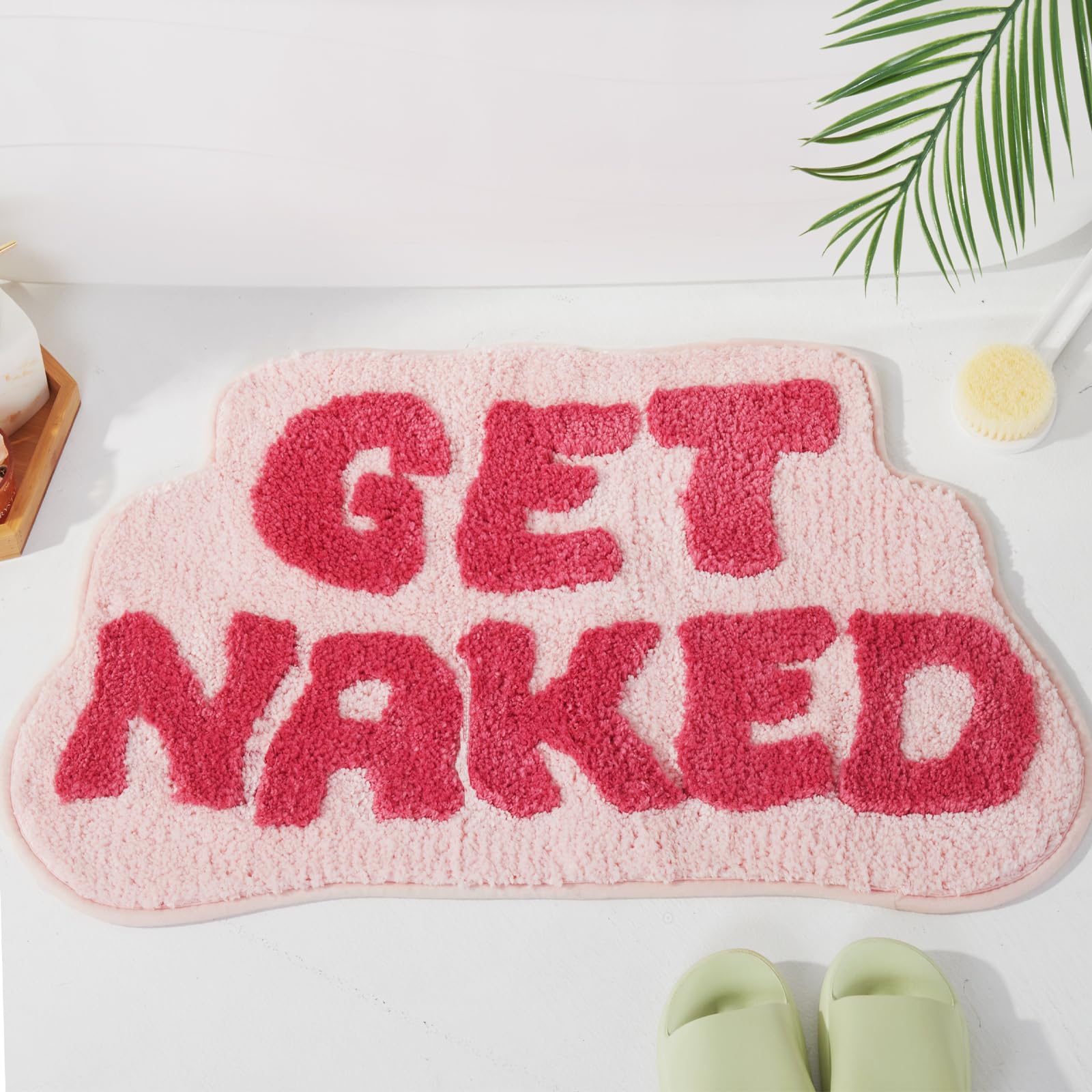 Dyefury Irregular Shaped Get Naked Bath Mat Pink - Fun Bath Mat, Small Preppy Bathroom Decor, Funny Aesthetic Bathroom Rugs For