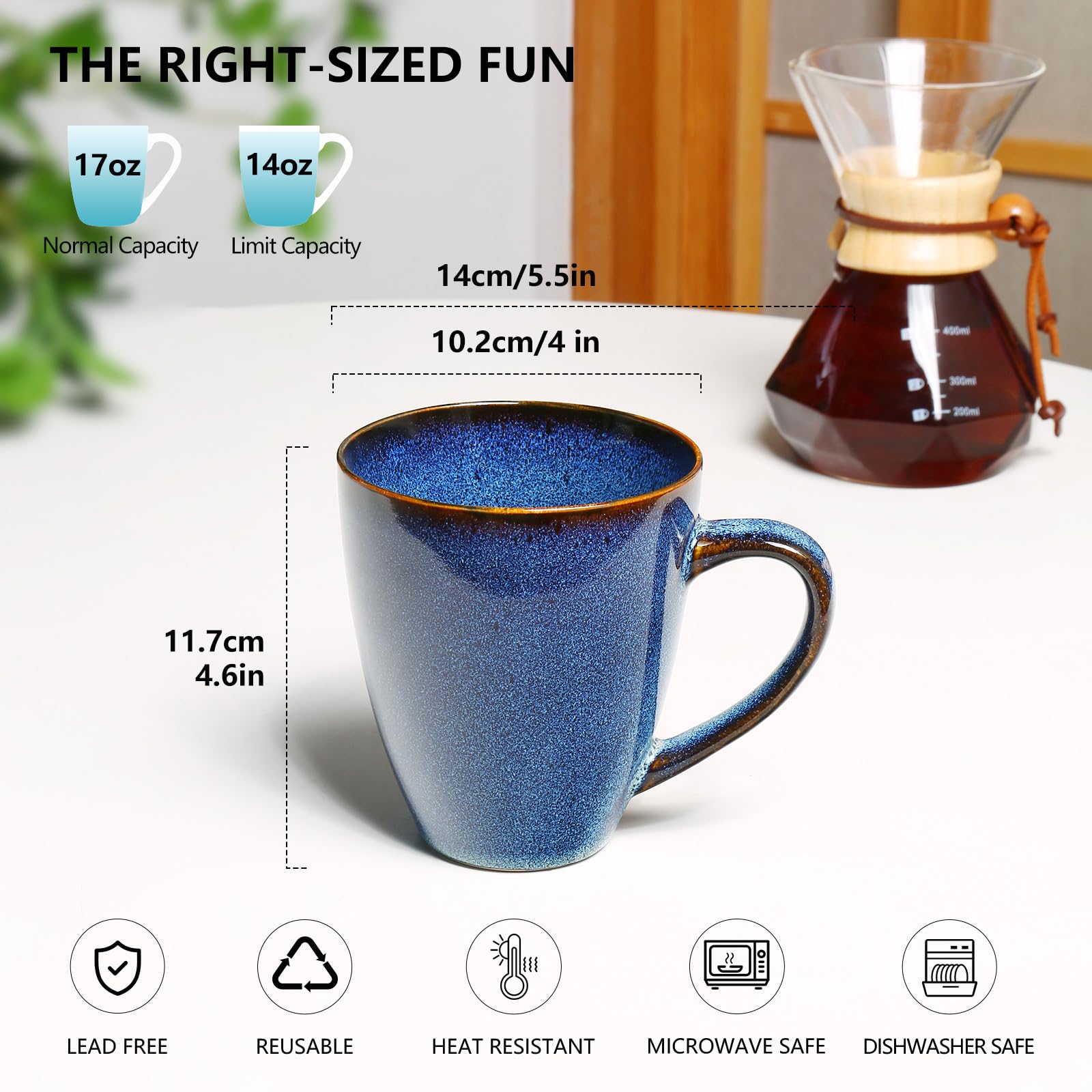 MONITO 17 OZ Coffee Mugs Set of 6, Large Ceramic Blue Coffee Mugs Set with handle for Tea/Latte/Milk/Cocoa, Funny Tea Cups for O