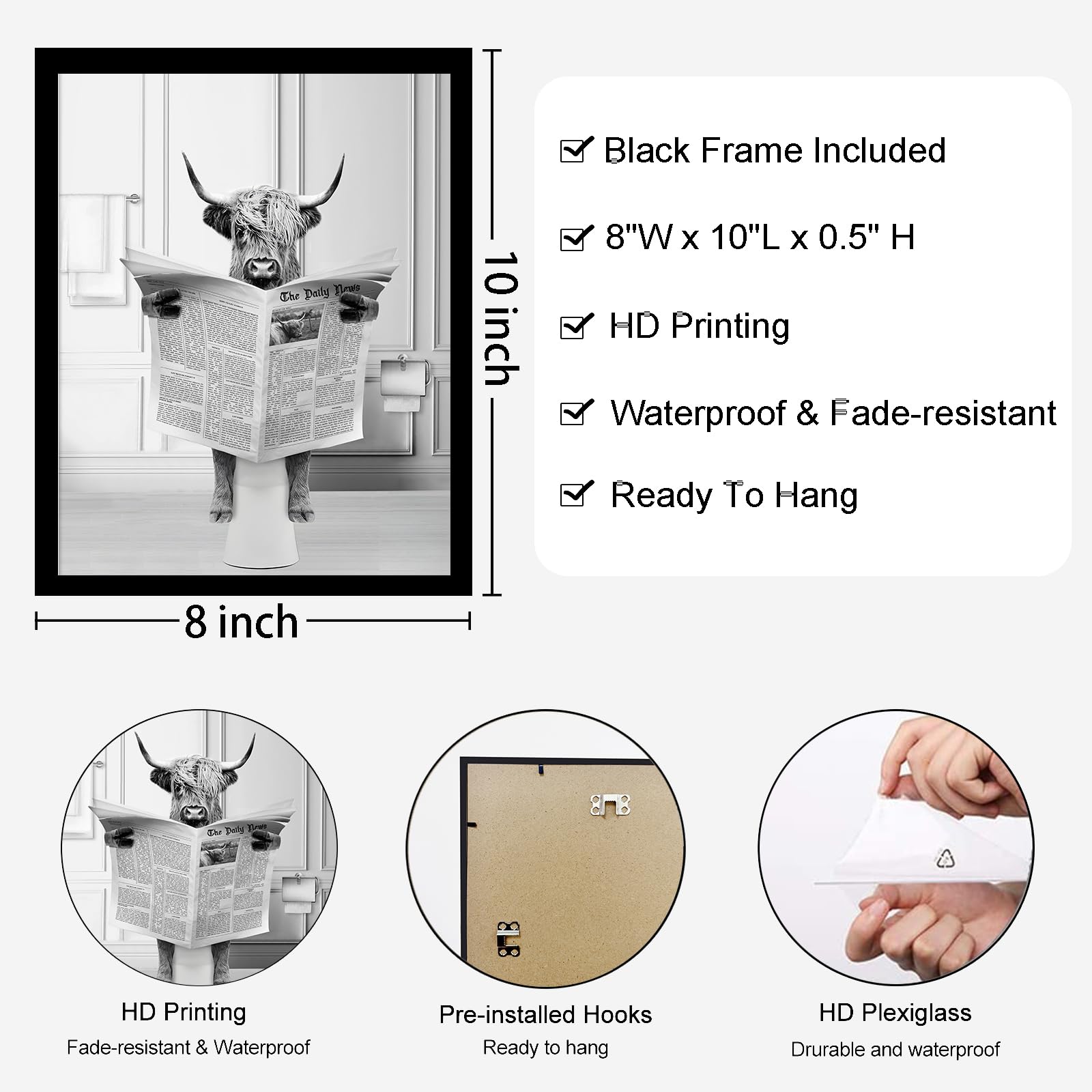 Bathroom Decor Wall Art Framed, Funny Highland Cow Wall Art In Toilet, Black And White Cow In Bathroom Picture, Humor Animals Ba