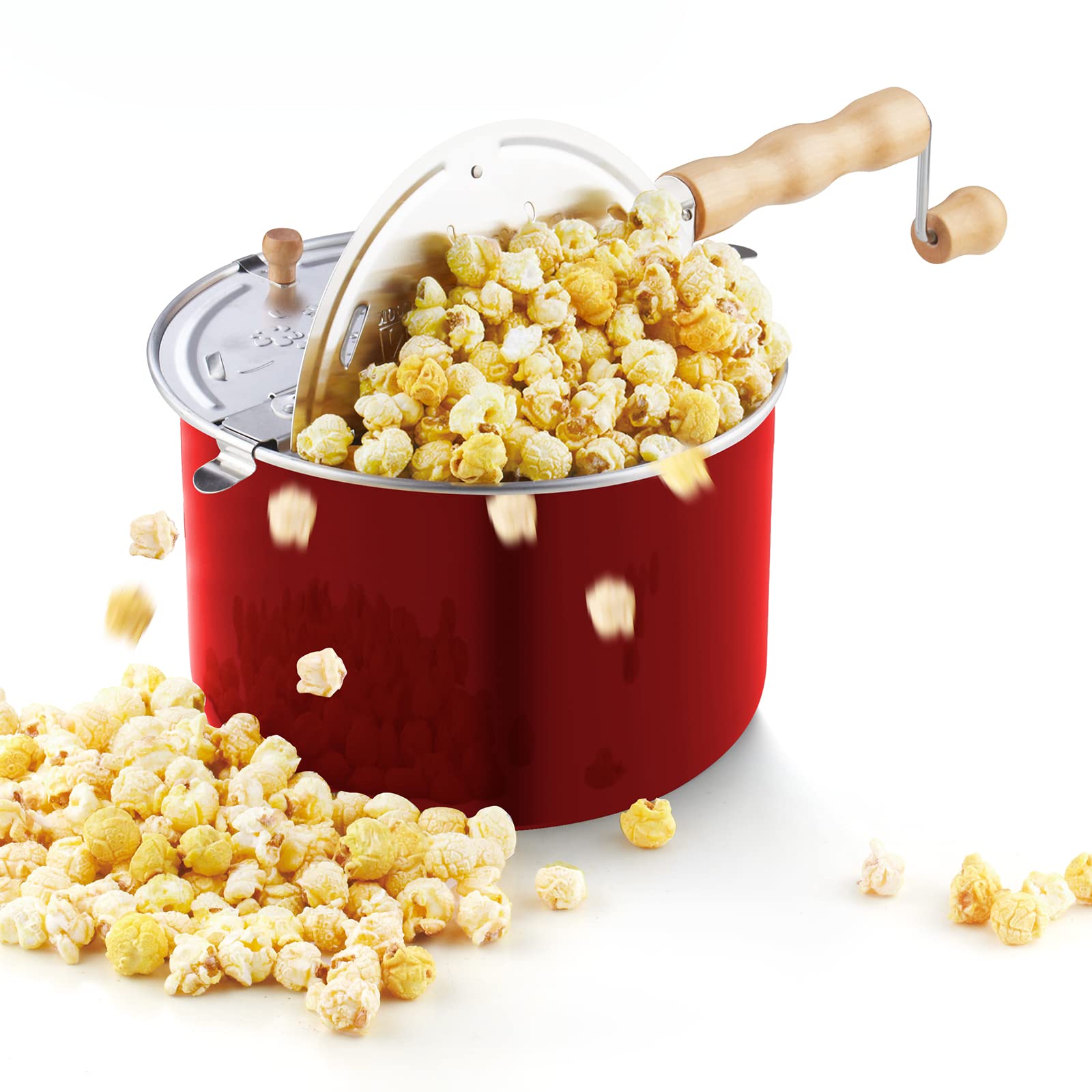 Cook N Home Stovetop Popcorn Popper with Crank, 6-Quart Aluminum Popcorn Pot, Red