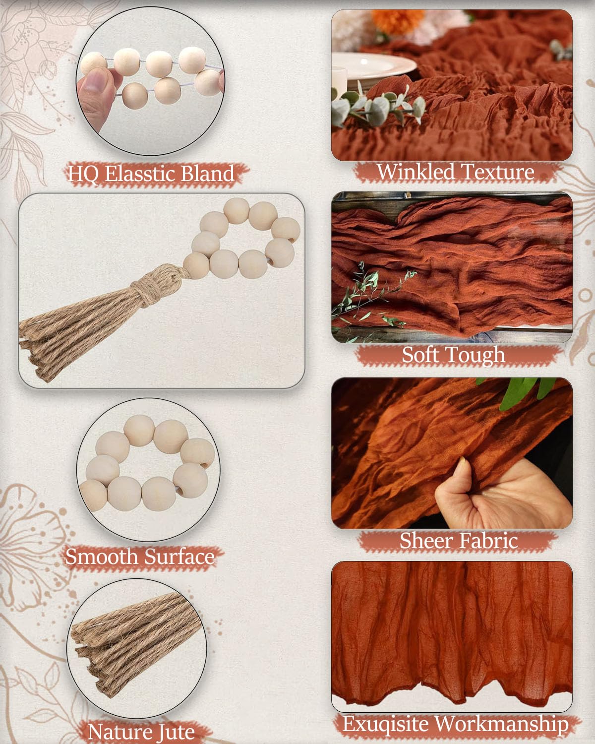 Fusenyuan Terracotta Cheesecloth Table Runner 10Ft +6 Napkins +6 Wood Bead Tassel Napkin Rings (120'' X 35'' ) Rustic Gauze Shee