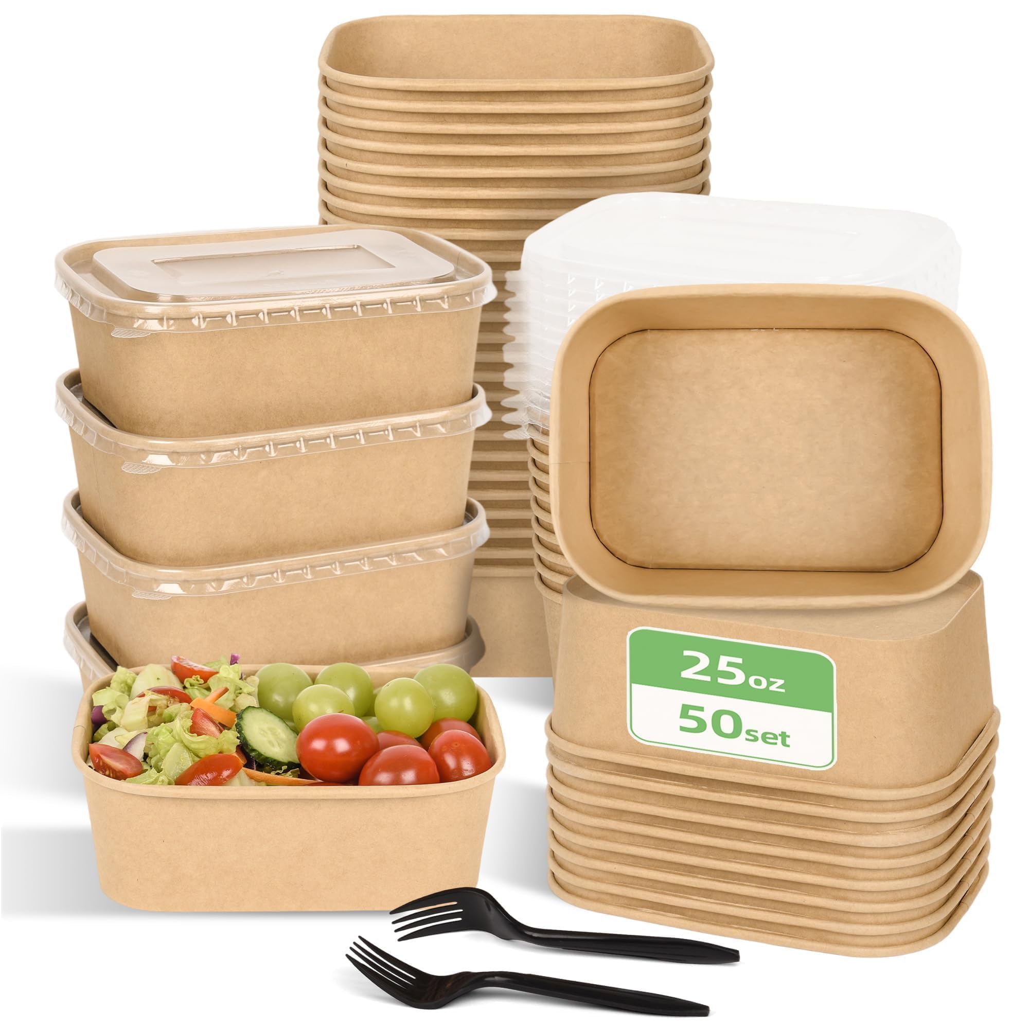 Peseojiar 50 Pack Disposable Meal Prep Containers, 25oz Disposable Large Paper Bowls with Lids and Forks for Salad, Noodles, Fre