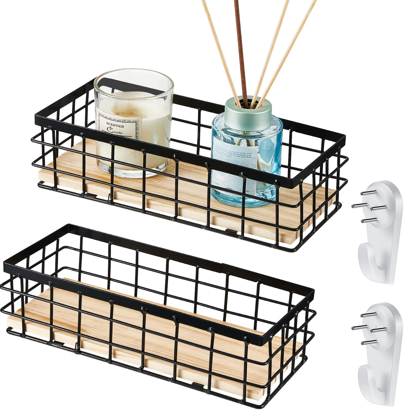 Funrous 2 Pcs Metal Wire Basket Toilet Paper Basket Wire Bathroom Storage Organizer With Wooden Base Rectangular Wall Mounted Me