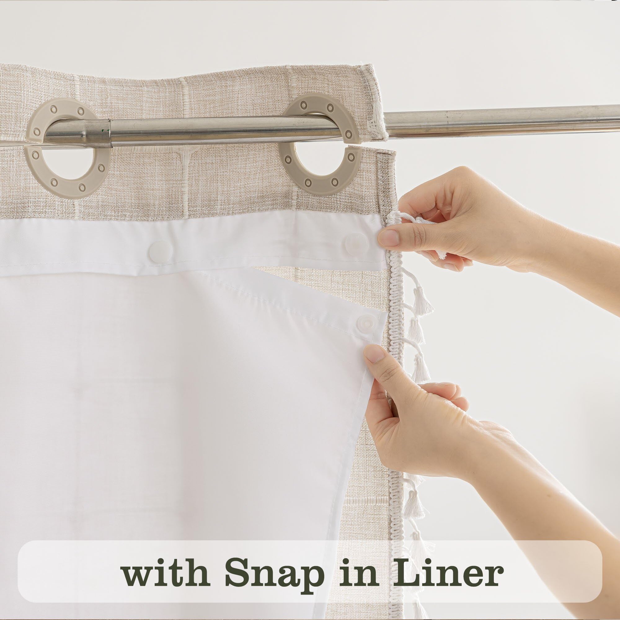 Farmhouse Shower Curtain With Snap-In Liner, No Hooks Needed,Boho Fabric Shower Curtains With Tassels For Rustic Neutral Bathroo