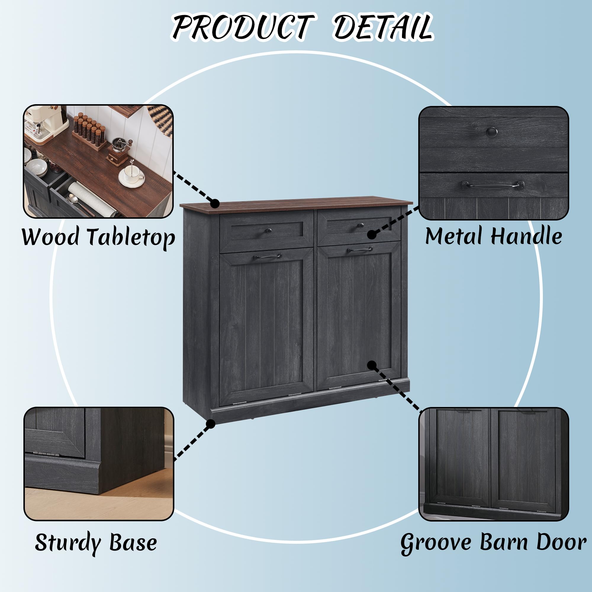 Ifbuy Double Tilt Out Laundry Hamper Cabinet, 20 Gallon Farmhouse Trash Can Cabinet With Drawer, Hidden Wood Garbage Can Bin Cab