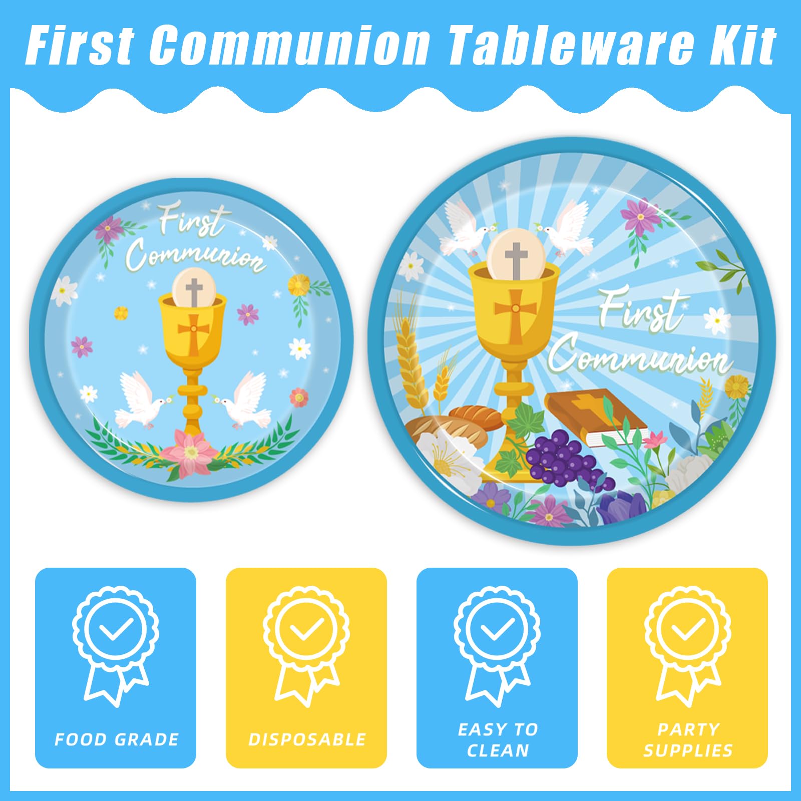 Kepeel 96 Pcs Blue Baptism Plates And Napkins, First Holy Communion Party Decorations Supplies For Boys God Bless Christening Ce