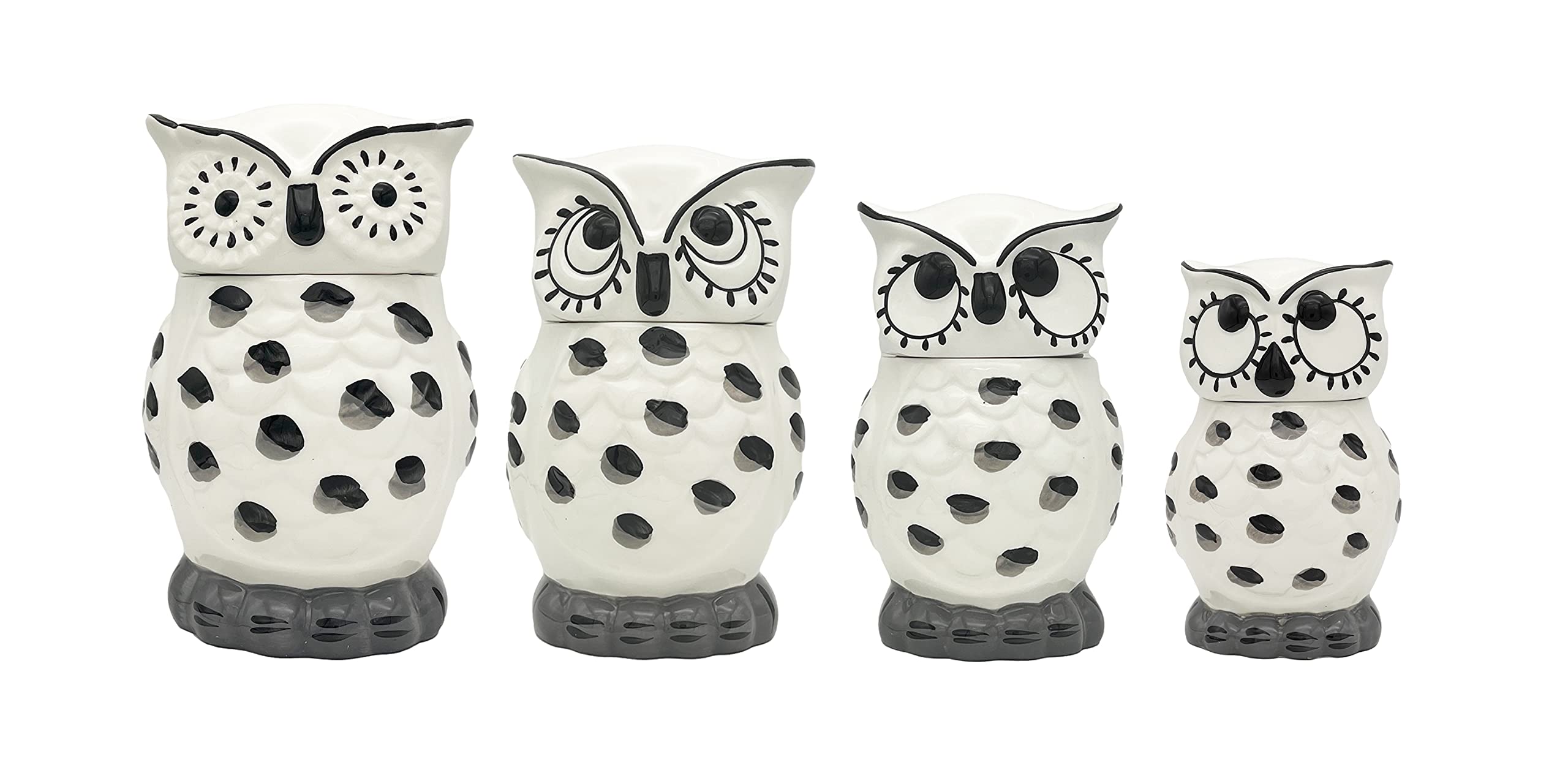 Ack Tuscany Cute Ceramic Owl, Color Of Black And White, 4Pc Canister Set W/Lid, 81601